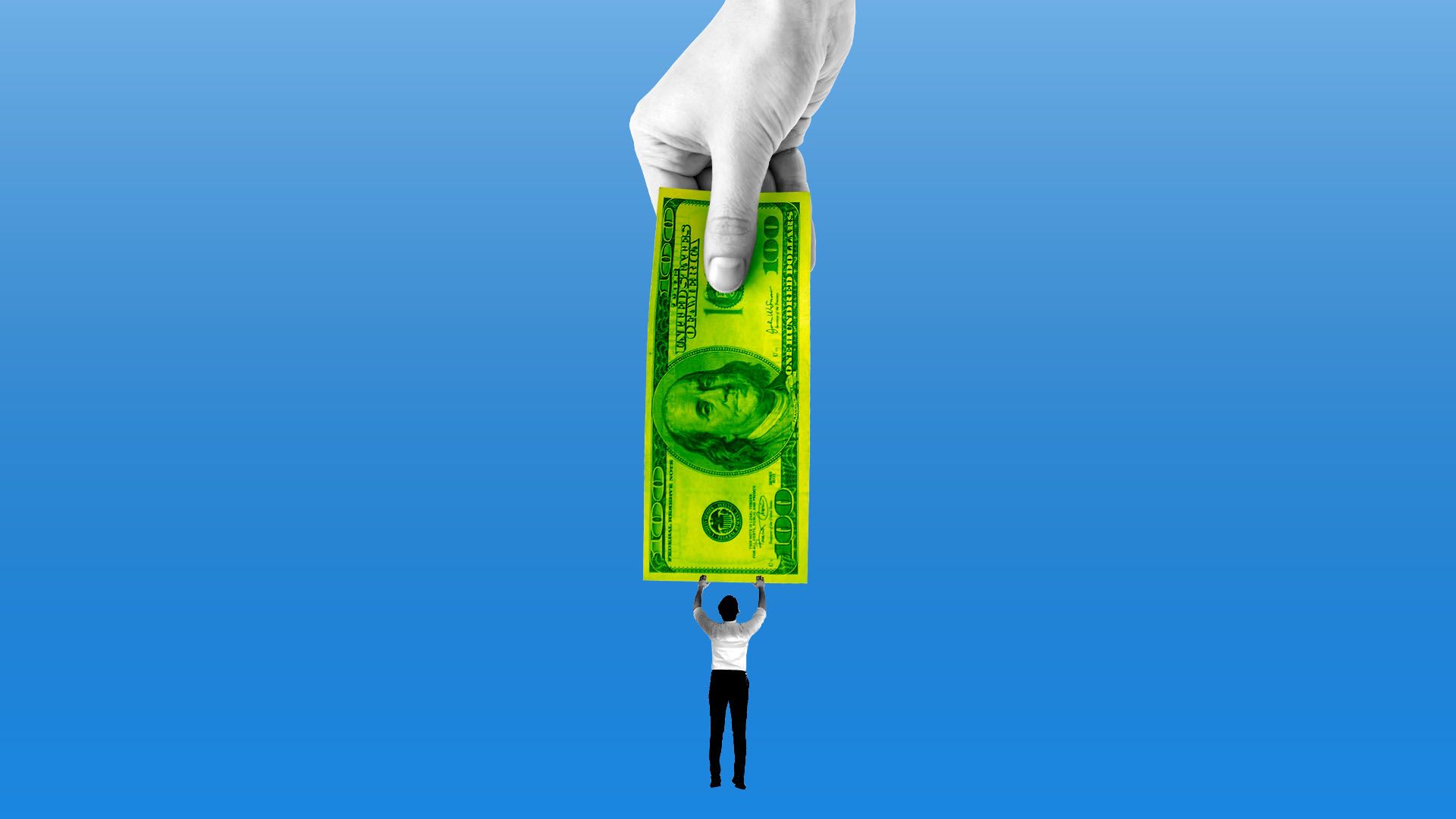 Illustration of little guy clinging to a giant dollar held by hand above him