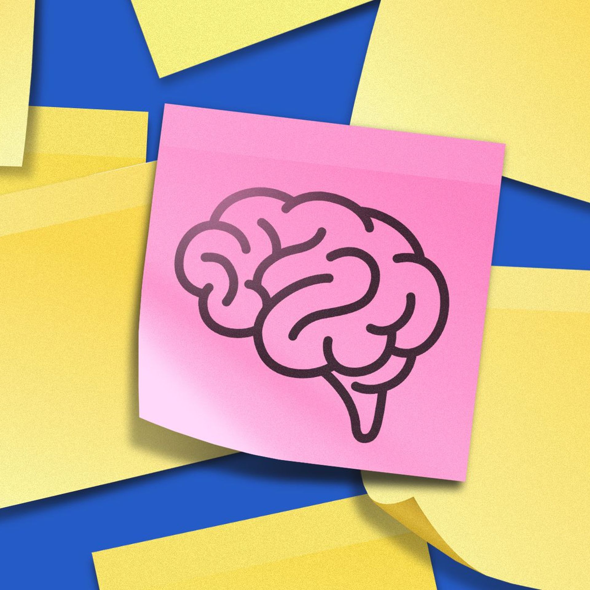 Illustration of many yellow sticky notes with a pink one in the center with a brain on it