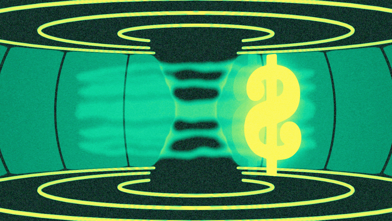 Animated illustration of the interior of a fusion reactor. A glowing dollar sign is flying in a circular motion through the reactor along rings of plasma.