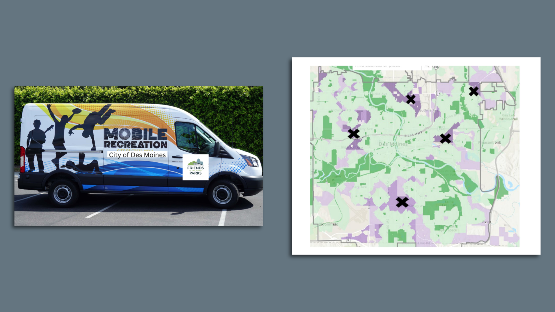 A photo of a van and a map.