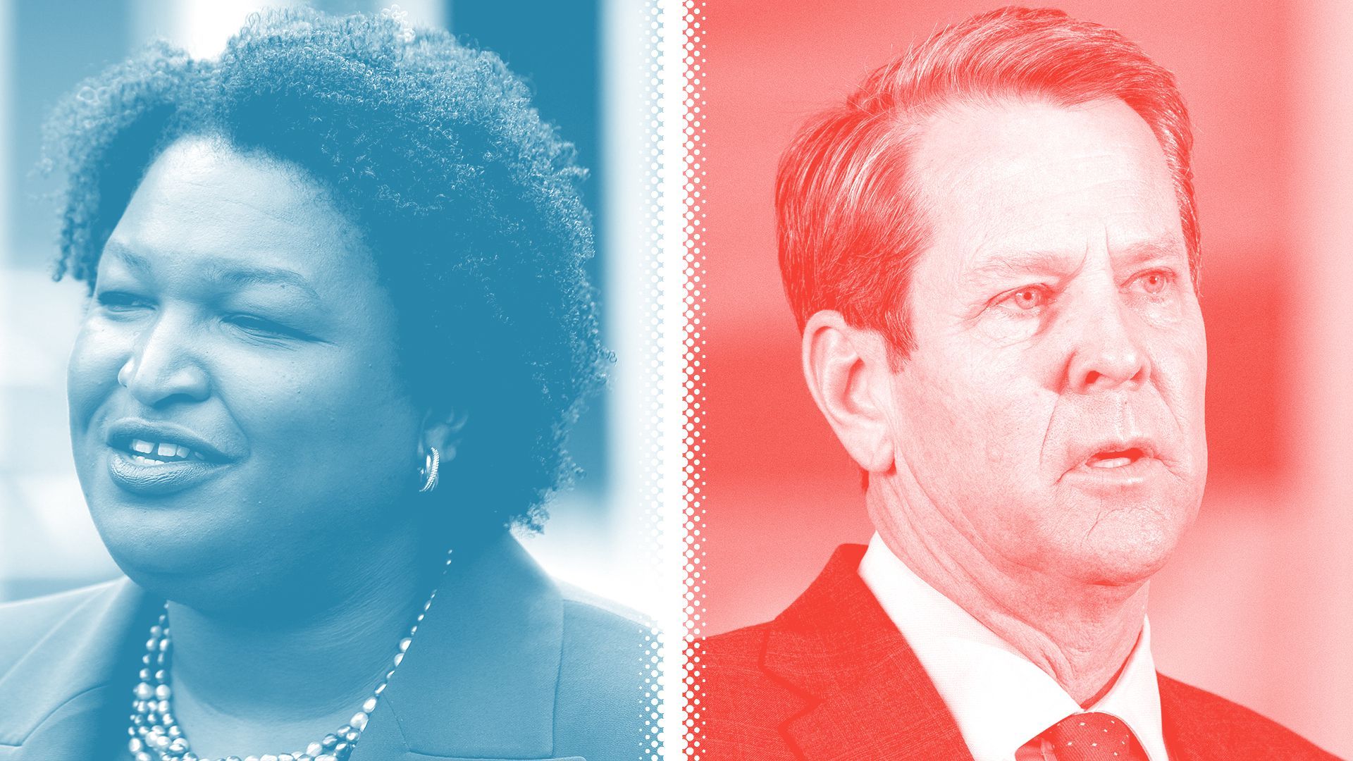 Photo illustration of Stacey Abrams, tinted blue, and Brian Kemp, tinted red, separated by a white halftone divider.