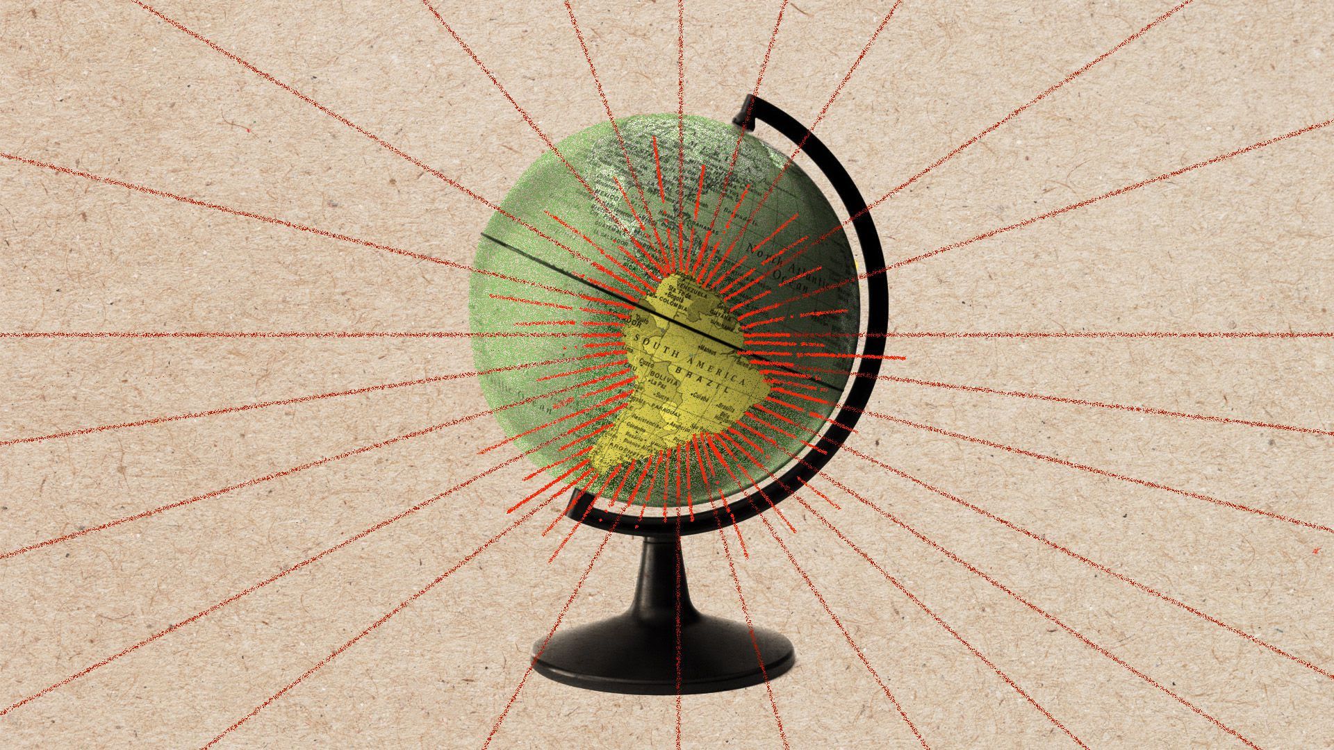 A globe showing South America.