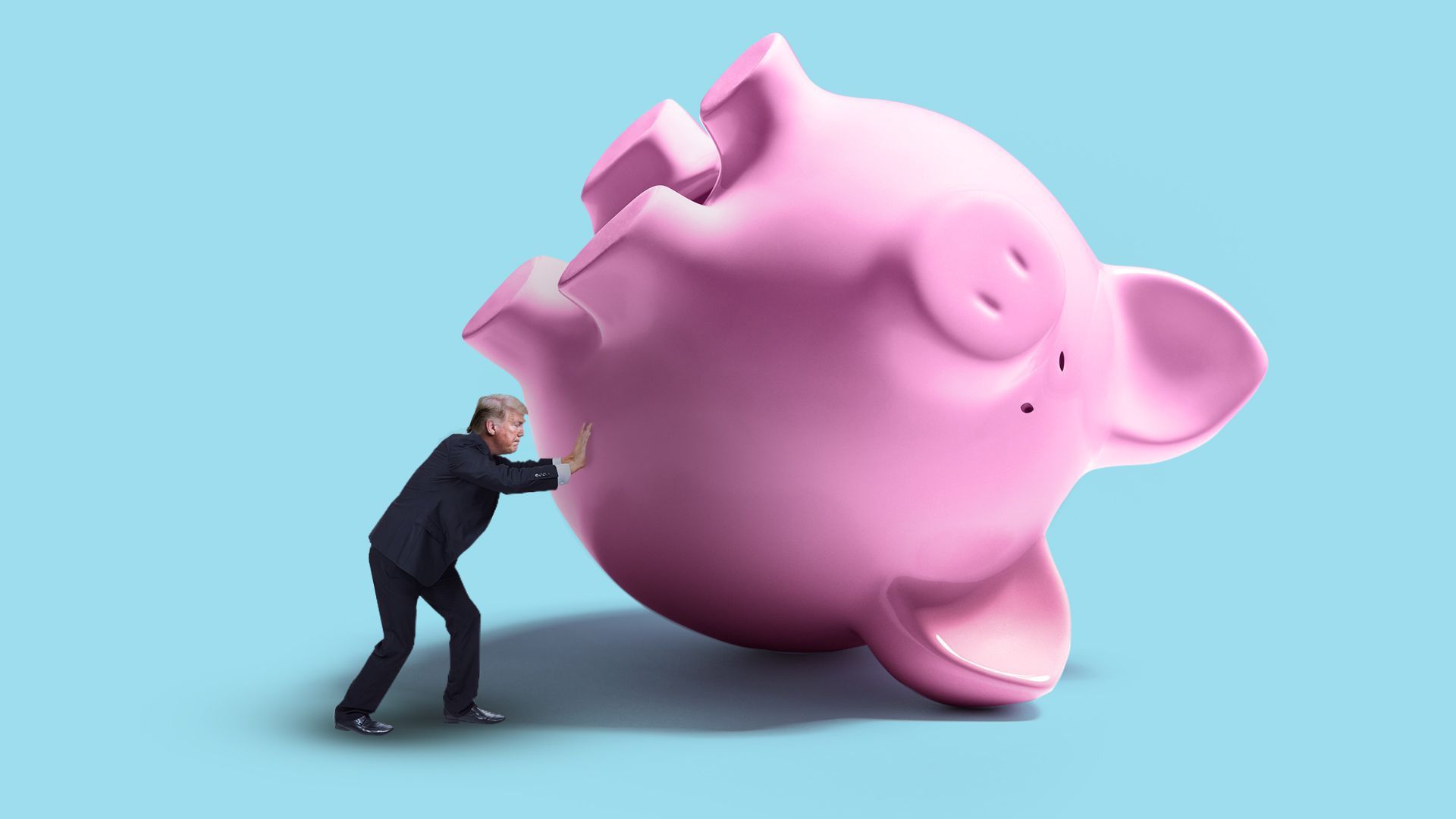 Illustration of Trump pushing over a massive piggy bank