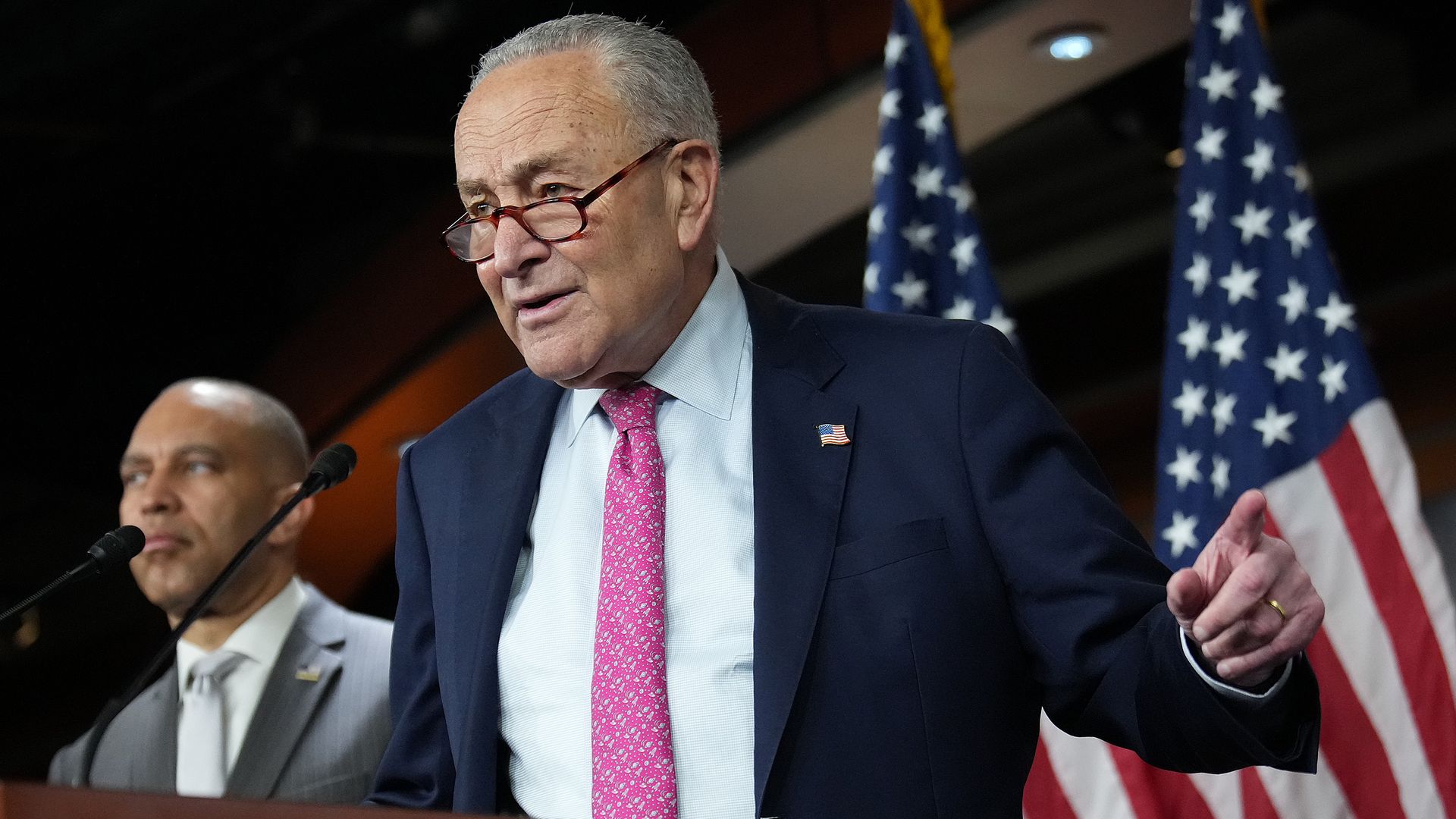 U.S. Senate Minority Leader Charles Schumer (D-NY) and House Minority Leader Hakeem Jeffries (D-NY) speak at a press conference at the U.S. Capitol on June 11, 2025 in Washington, DC.