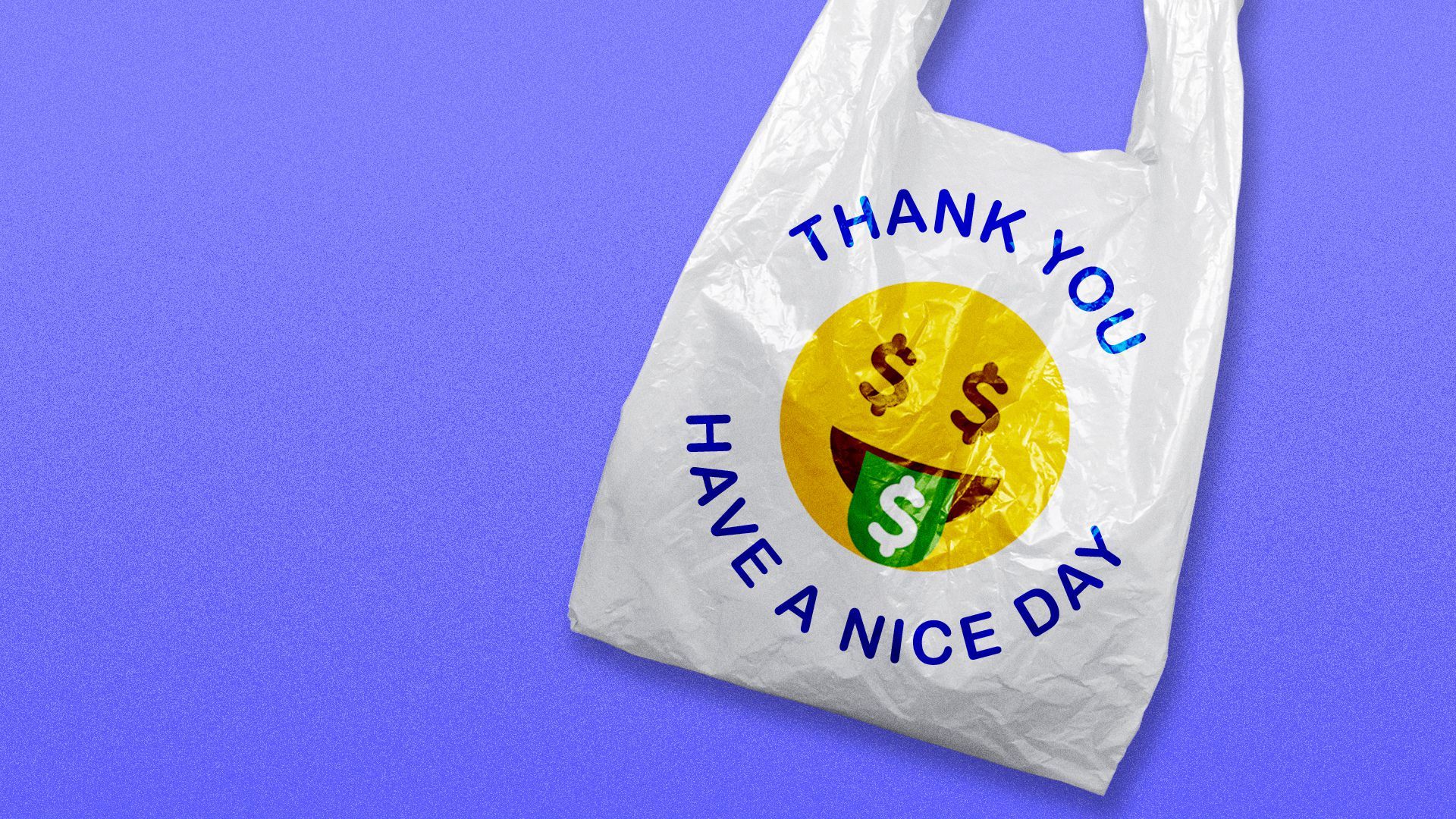 Illustration of a smiley face  plastic bag, but the smiley face is replaced with the money-tongue emoji.