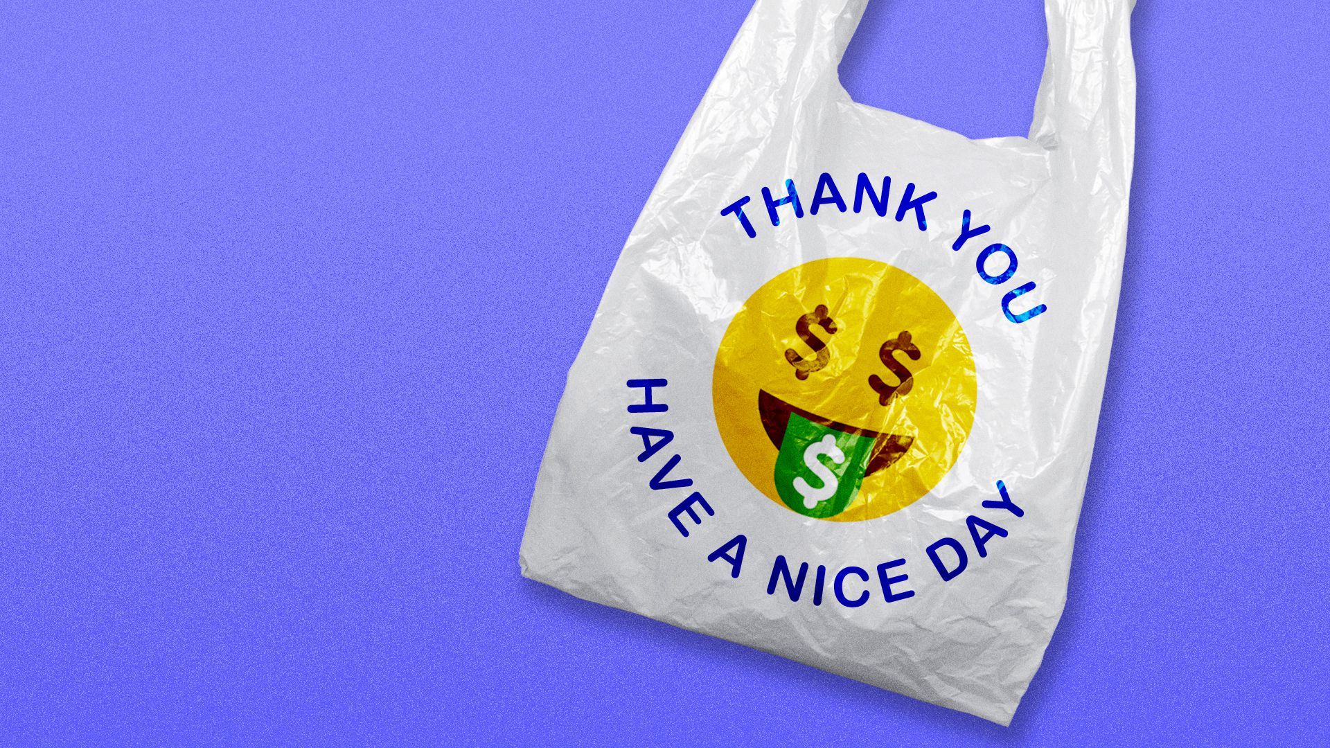 Illustration of a smiley face plastic bag, but the smiley face is replaced with the money-tongue emoji.