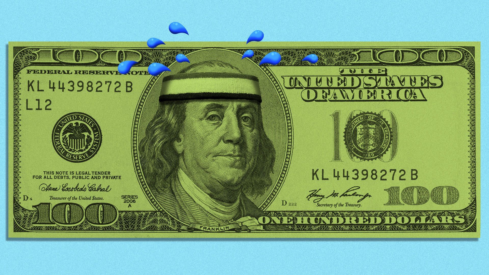Illustration of Benjamin Franklin on a hundred dollar wearing a sweatband and sweating