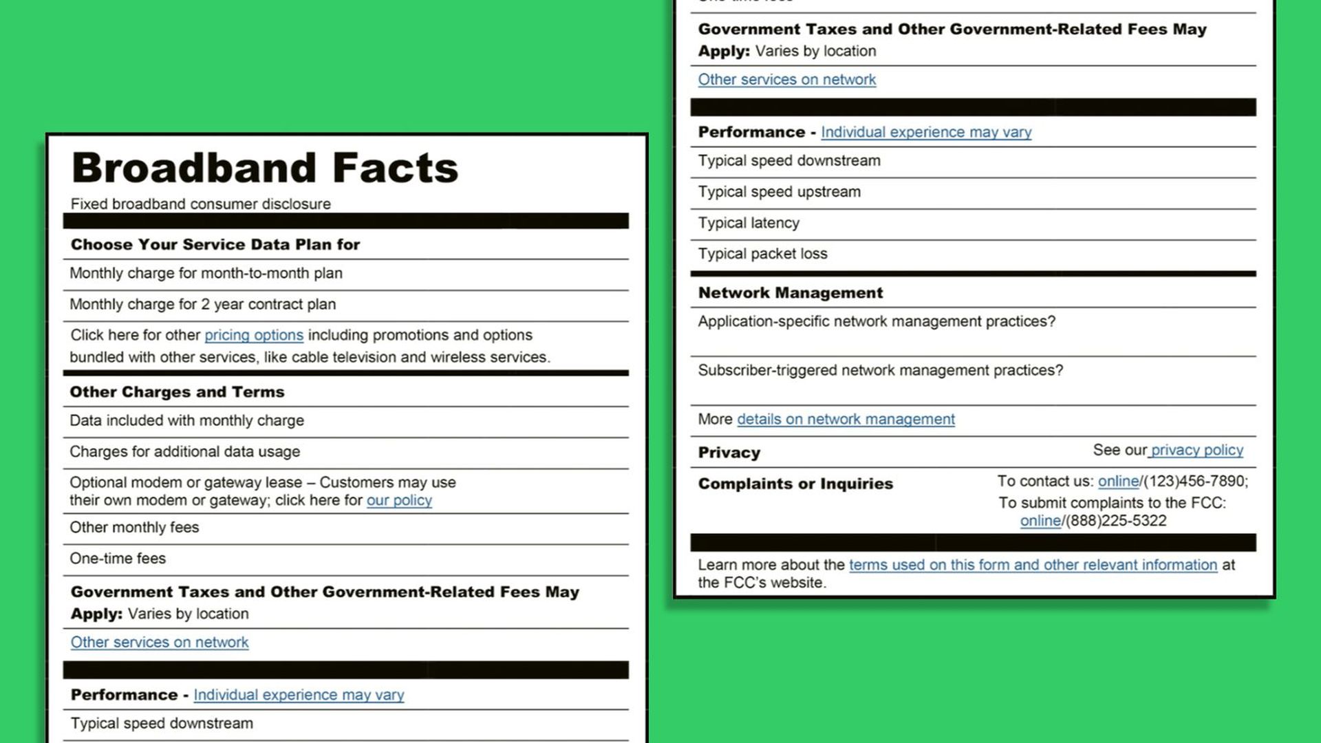 An example broadband label from the FCC in 2016.