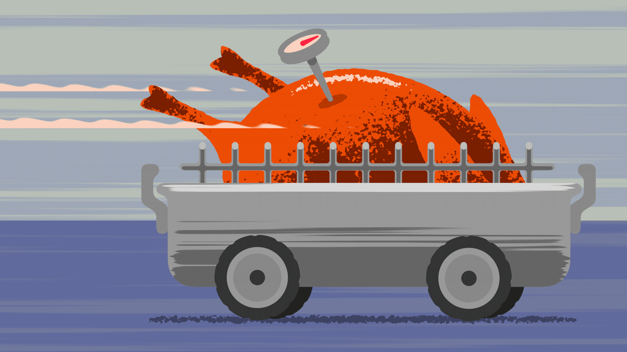 Animated illustration of a cooked turkey in a roast pan on wheels driving.