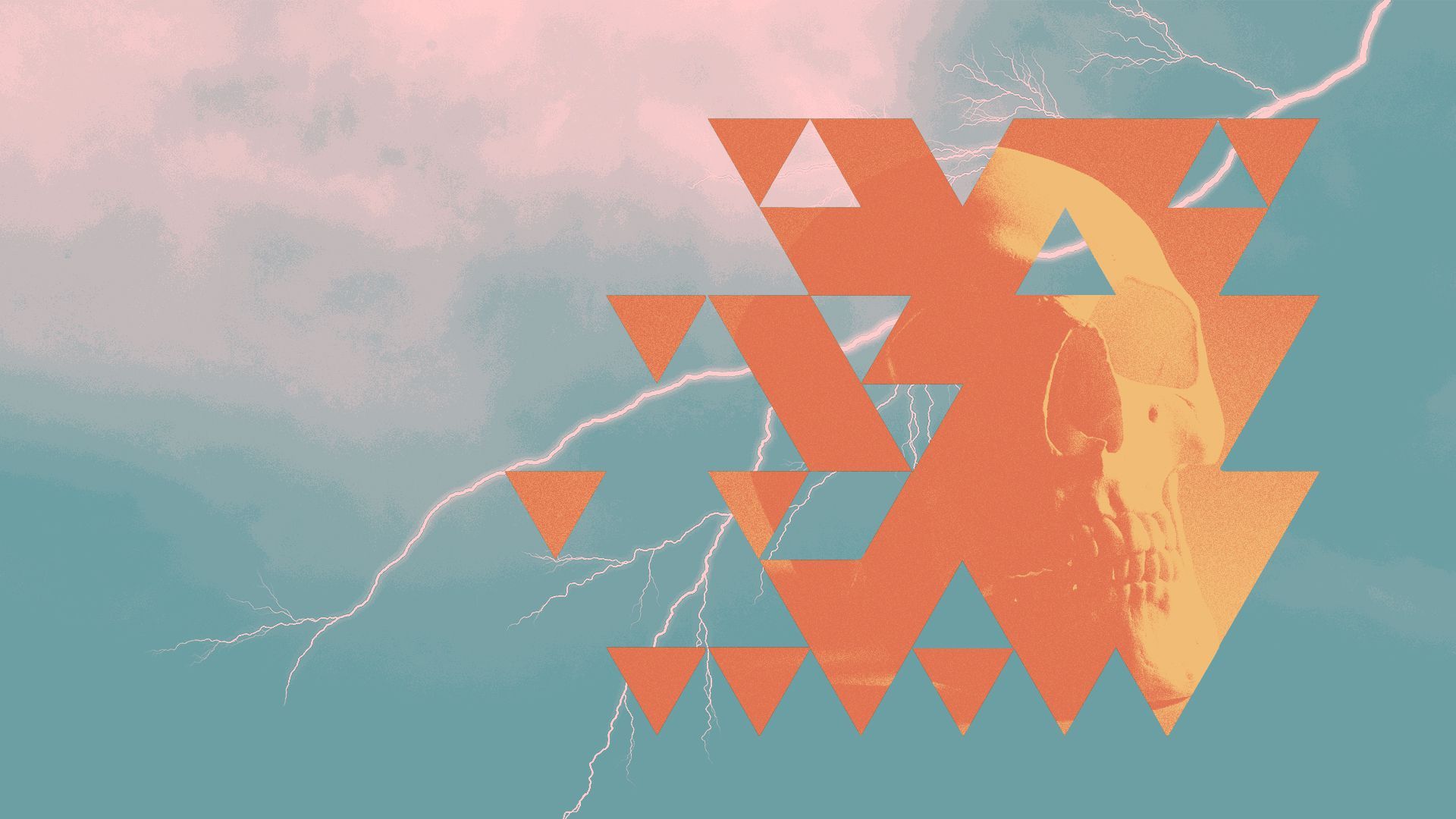 Illustration of a skull masked by a triangle pattern over a stormy sky.