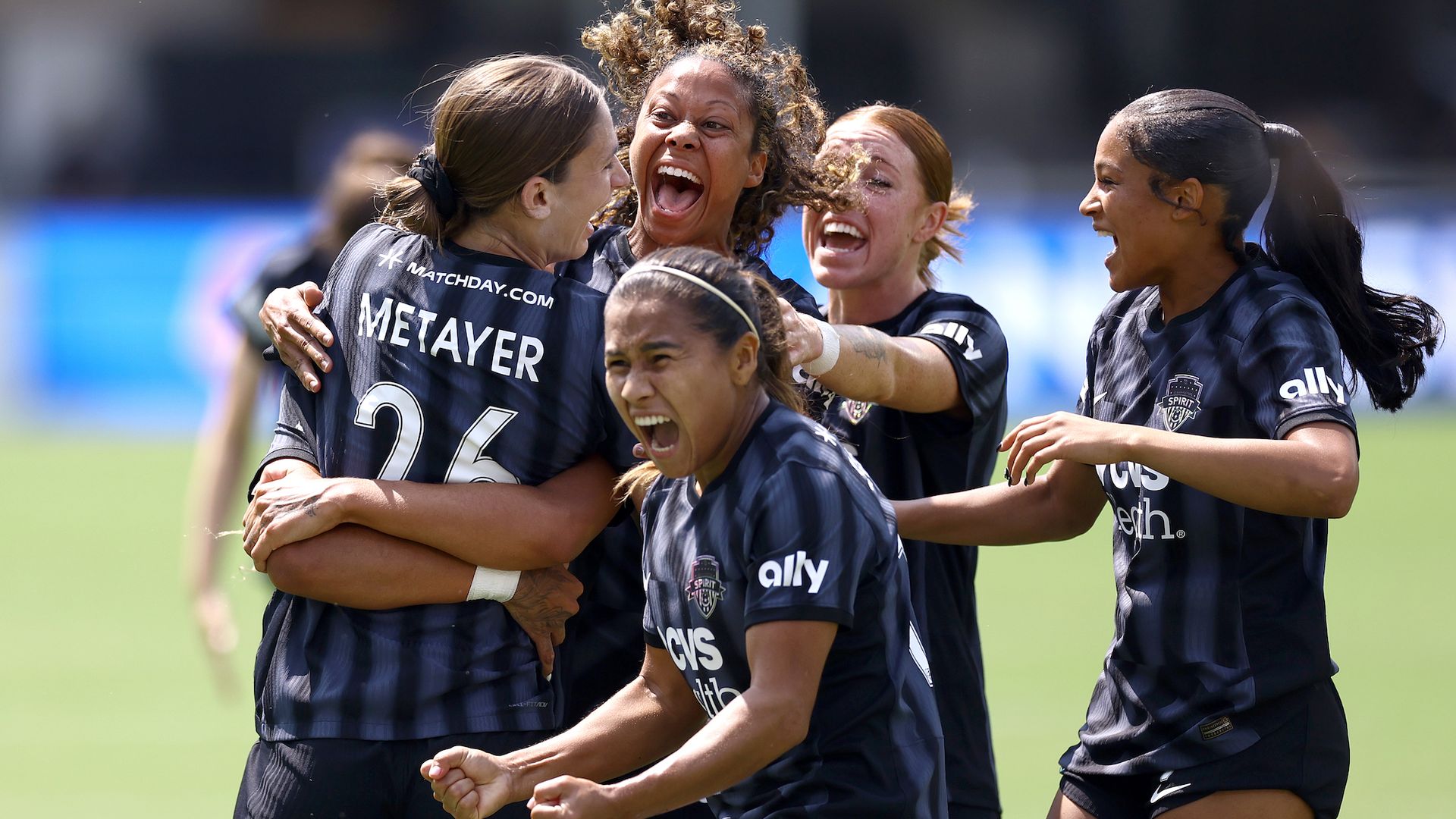 The Washington Spirit celebrate a goal. Photo by Tim Nwachukwu/Getty Images