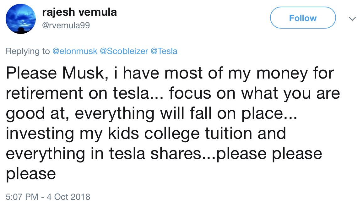 A Twitter user blames Elon Musk's tweets for his losses in Tesla stock