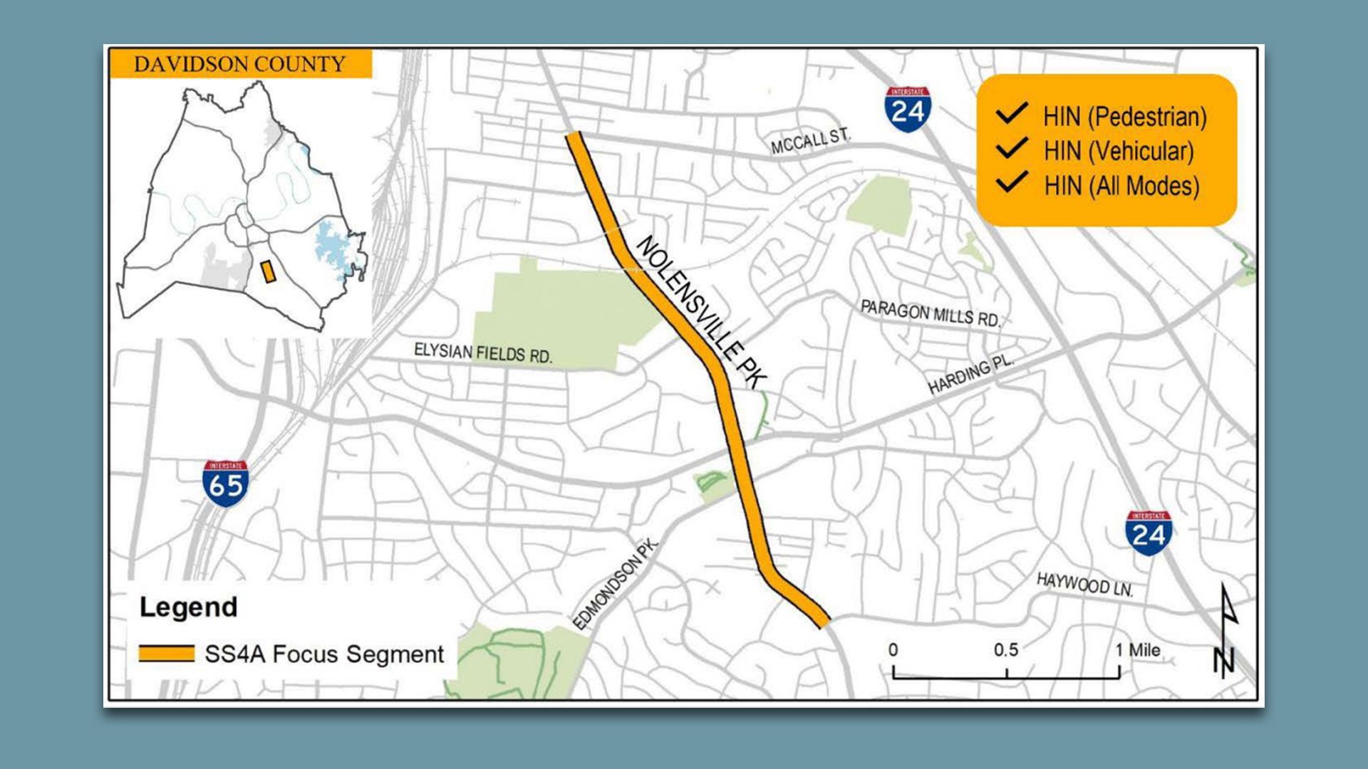 A map showing Nolensville Pike in South Nashville, where grant funding will be used for safety improvements.