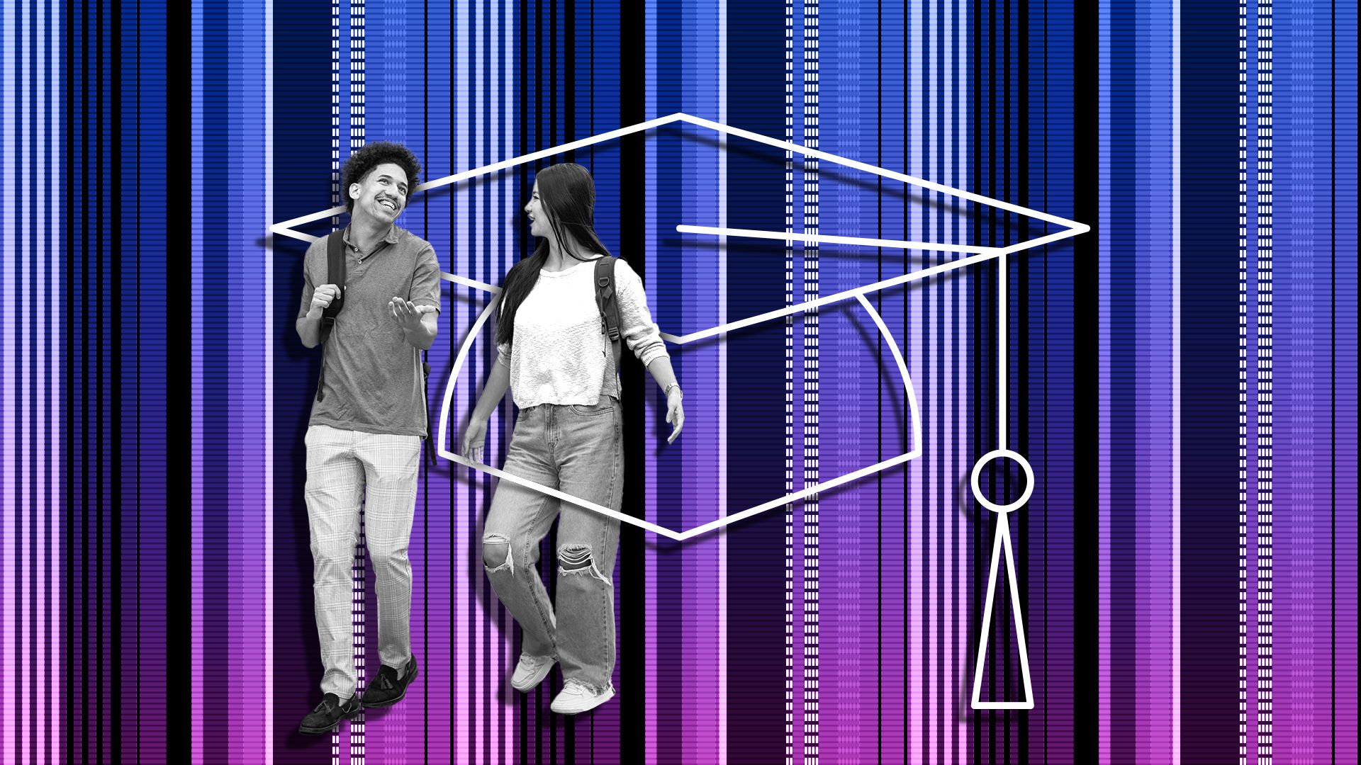 Illustration of a man and a woman with backpanks walking together against on a striped background that fades from blue to purple, surrounded by an outline of a graduation cap. .