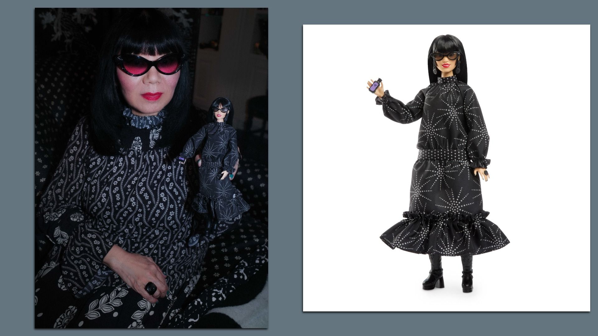 Anna Sui poses with her barbie doll