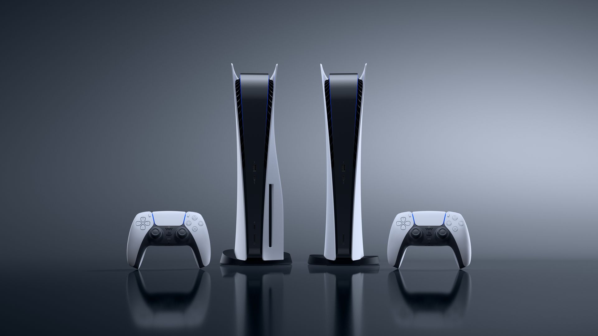 Photos of two PlayStation 5 consoles and their controllers in front of a gray background