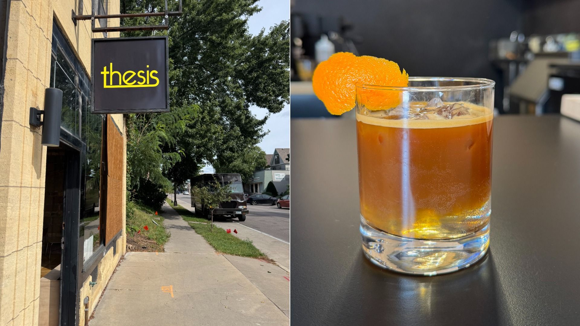Left image: sidewalk with a black sign reading "thesis" in yellow on a building. Right image: a brown cocktail in a clear glass with ice and an orange peel garnish on a black surface.