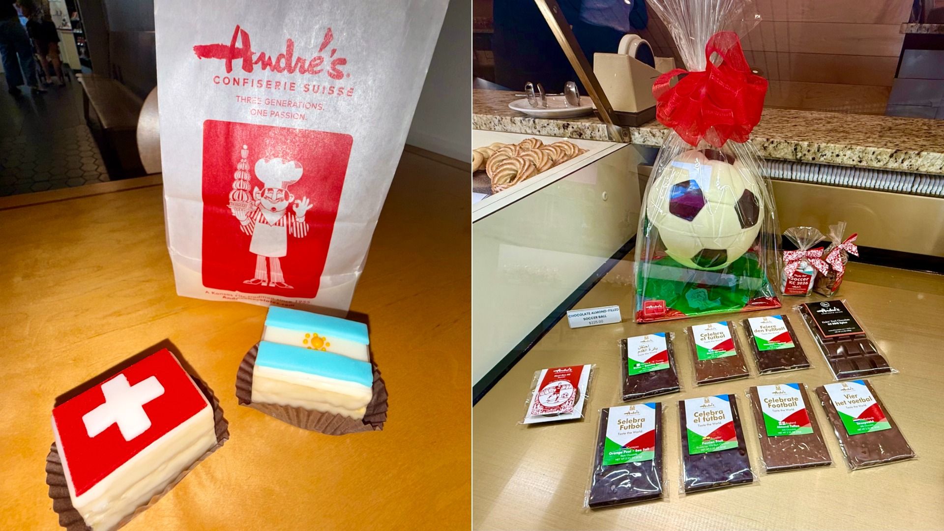 Two-panel: left bag with red logo and chef, plus two cakes (Swiss cross; blue stripes). Right a soccer-ball gift wrapped with a red bow near a pastry counter and chocolate bars.