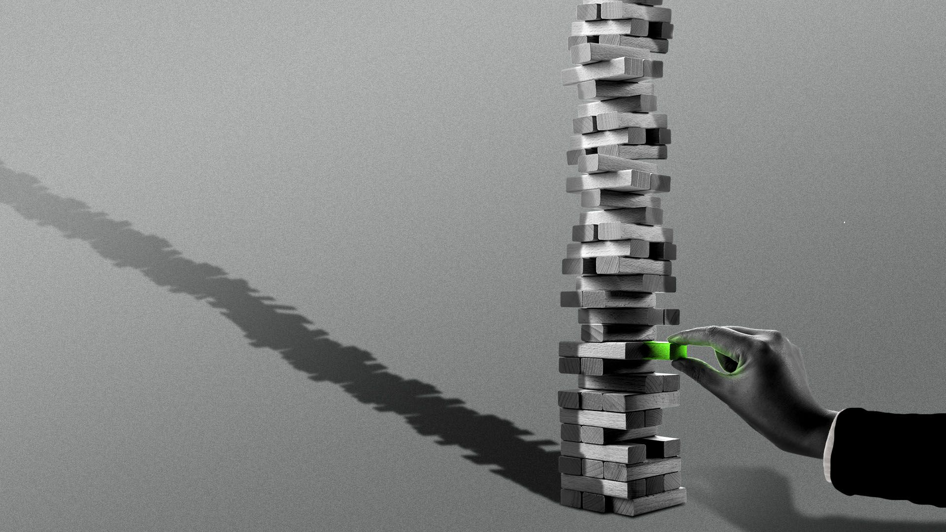 Illustration of a hand pulling out a glowing jenga piece from a huge, unstable tower