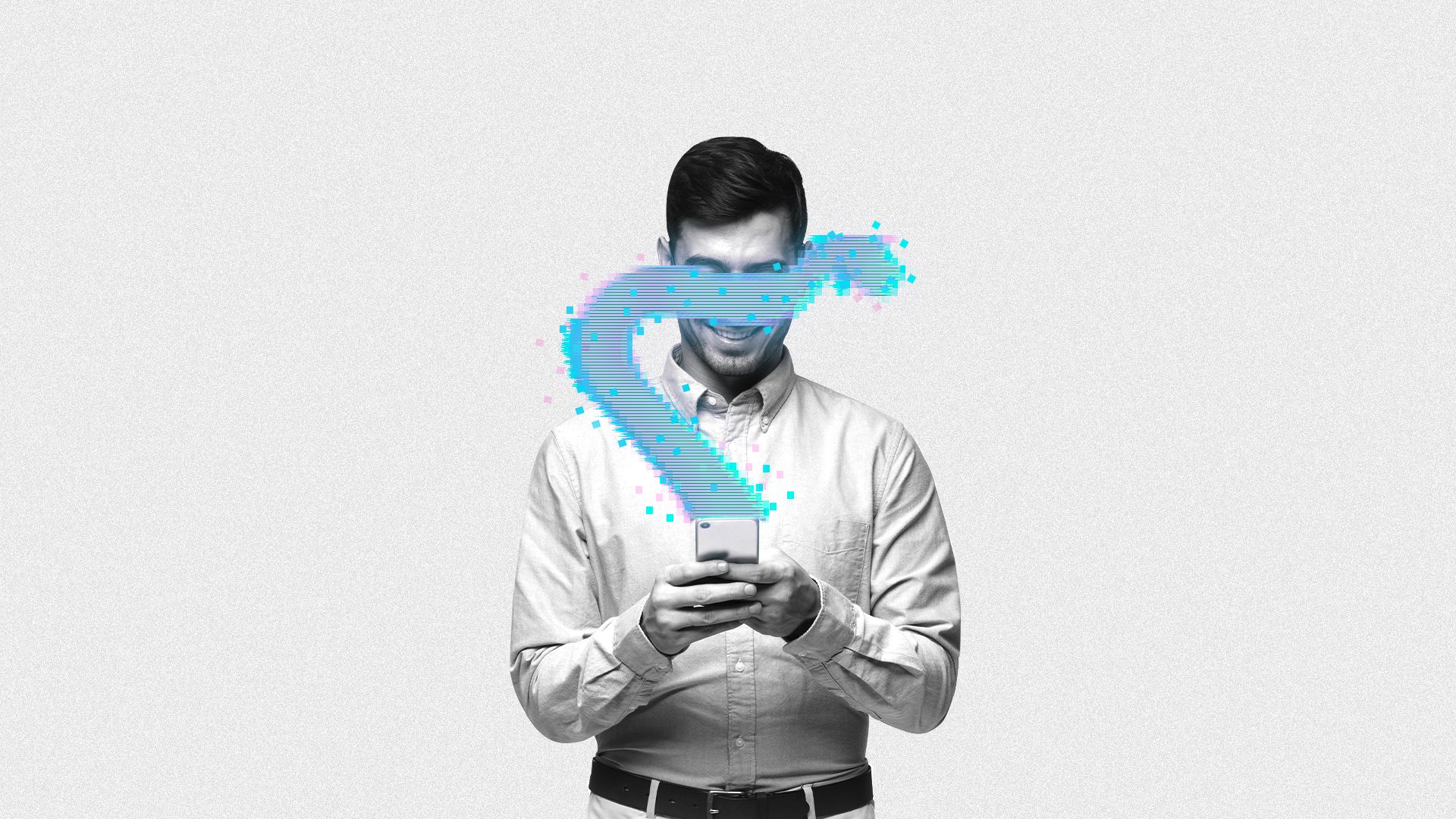 Illustration of a man looking at a phone, a digital projection is coming from the screen and covering his eyes like it's a blindfold. 