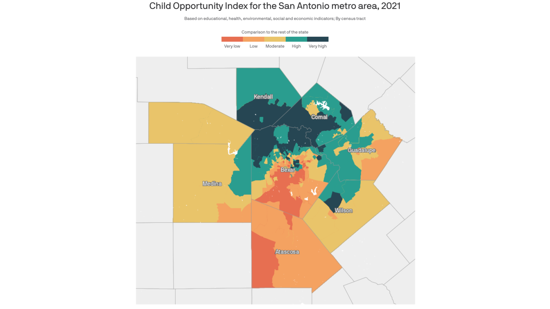A map showing Bexar County with neighborhoods in varying colors showing the levels of opportunity. 