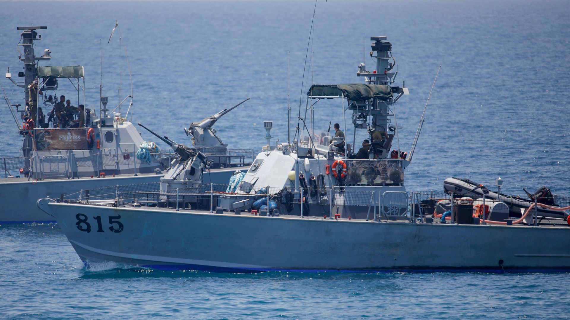 Israeli navy vessels are pictured off the coast of Rosh Hanikra, an area at the border between Israel and Lebanon (Ras Al-Naqoura), on June 6. Photo: Jalaa Marey/AFP via Getty Images