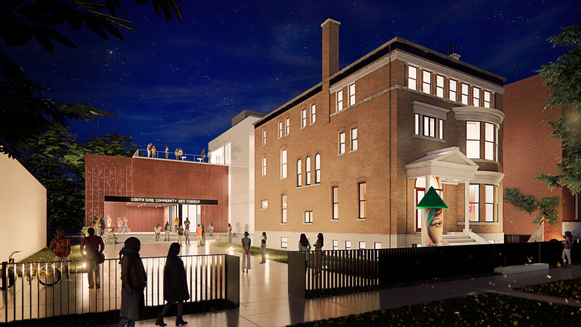 Rendering of an old house with a new addition that includes a rooftop space on top of a red, square brick building