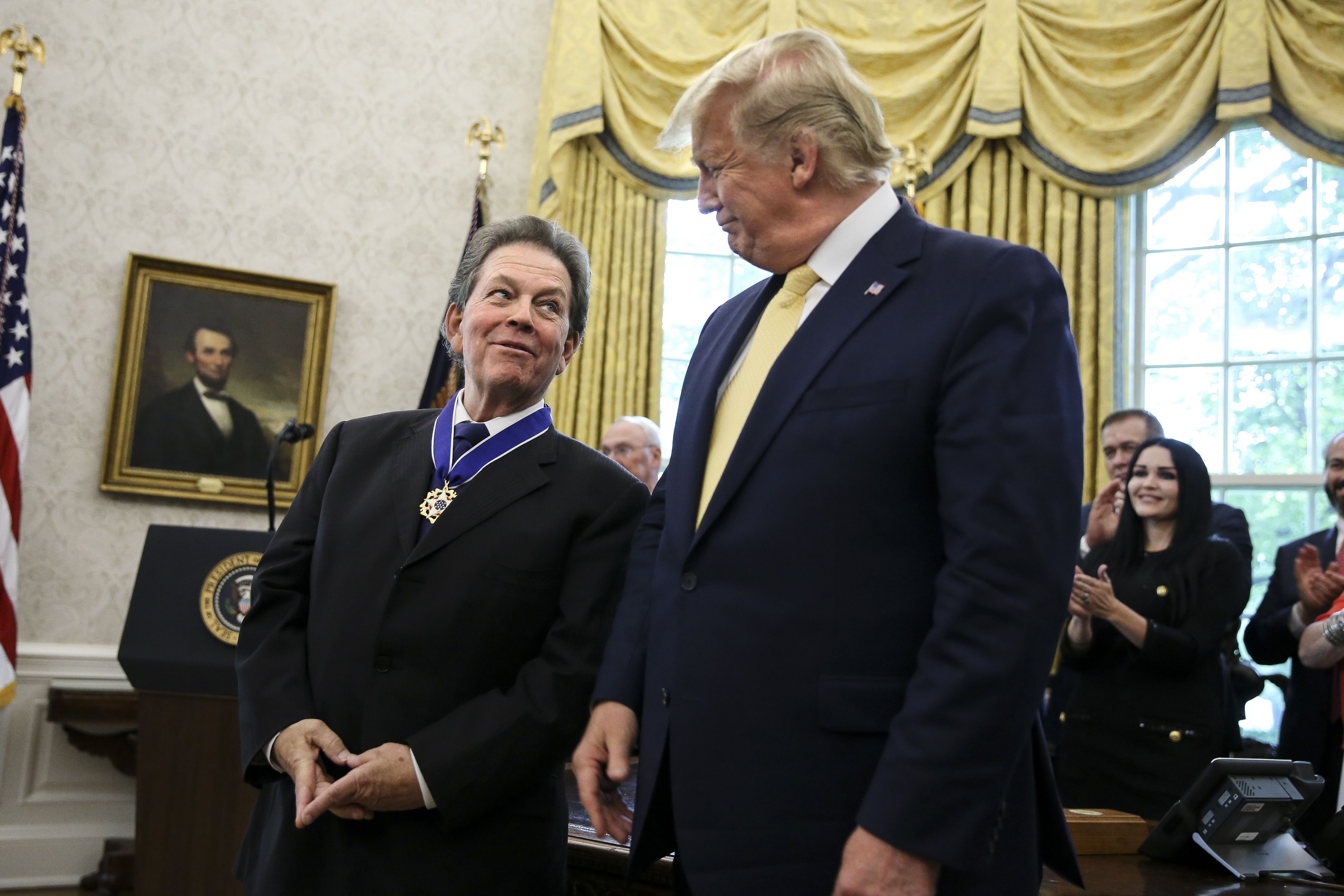 WASHINGTON, DC - JUNE 19: President Donald Trump presents the Presidential Medal of Freedom to Arthur Laffer in the Oval Office of the White House on June 19, 2019 in Washington, DC. (Photo by Oliver Contreras/For The Washington Post via Getty Images)