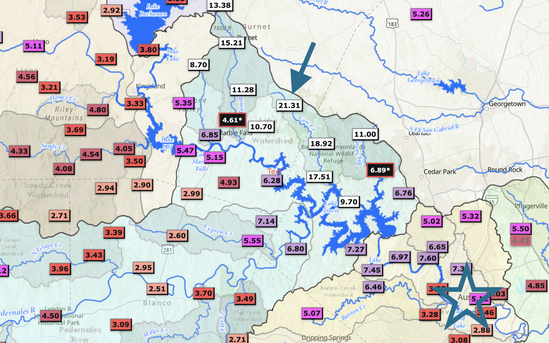 Rainfall in the greater Austin area.