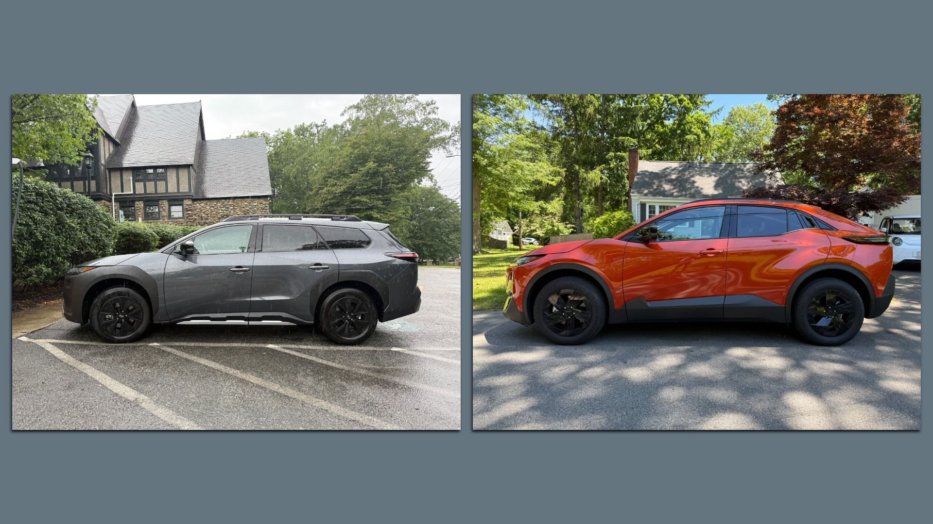 Two side-by-side photos of crossover SUVs in a suburban driveway: left image shows a gray Subaru Trailseeker electric SUV with black wheels in front of a stone-and-timber house; right image shows a bright orange Subaru Uncharted compact SUV under leafy trees.