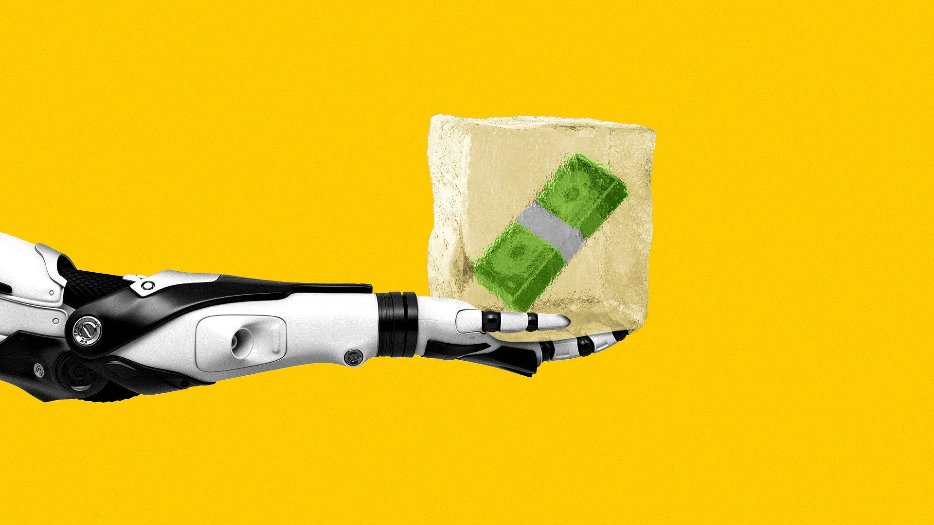 Illustration of a robot arm holding an ice cube with a stack of money frozen in the center.