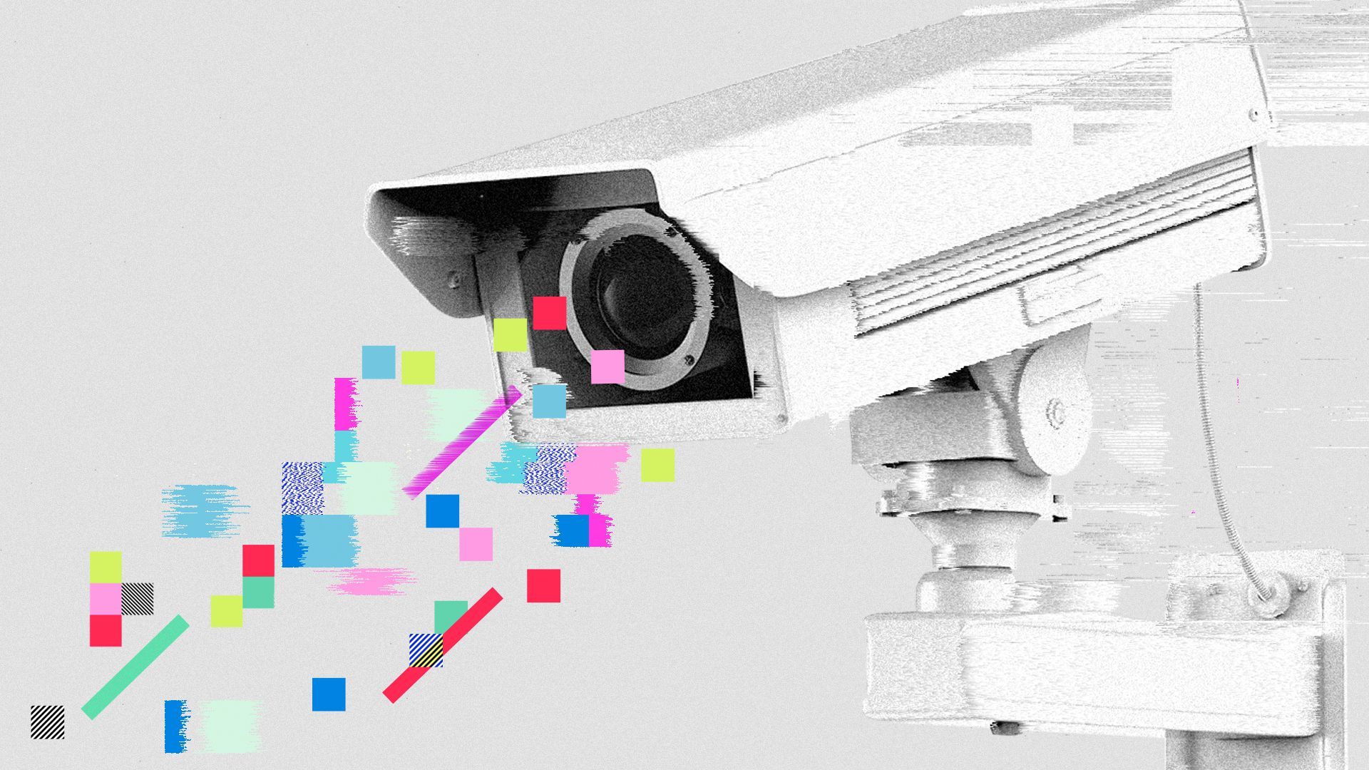 Illustration of a security camera interrupted by cubes and glitches.