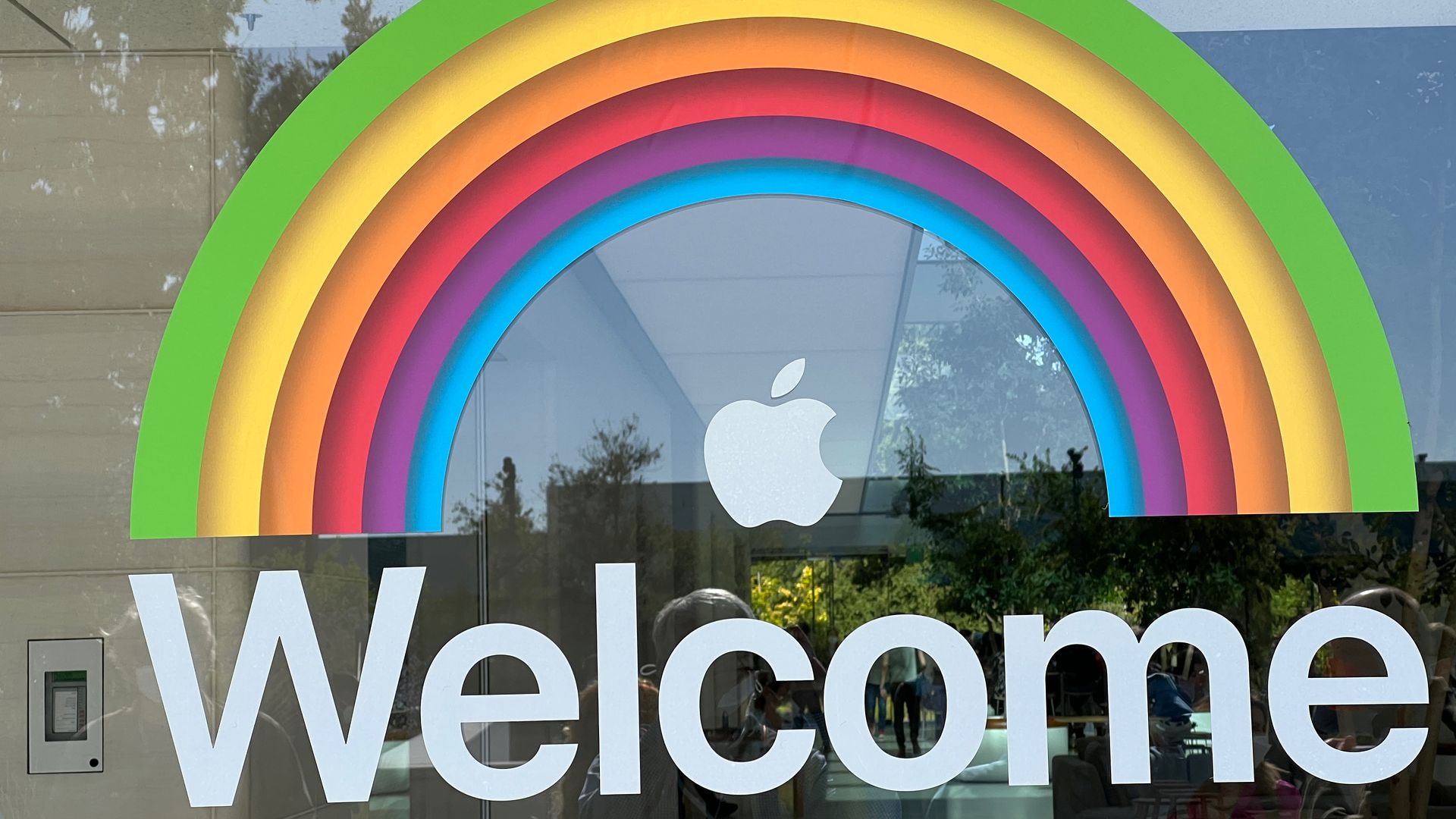 A sign welcomes attendees to Apple's WWDC 2022 developer conference at the company's headquarters, Apple Park, in Cupertino, California.