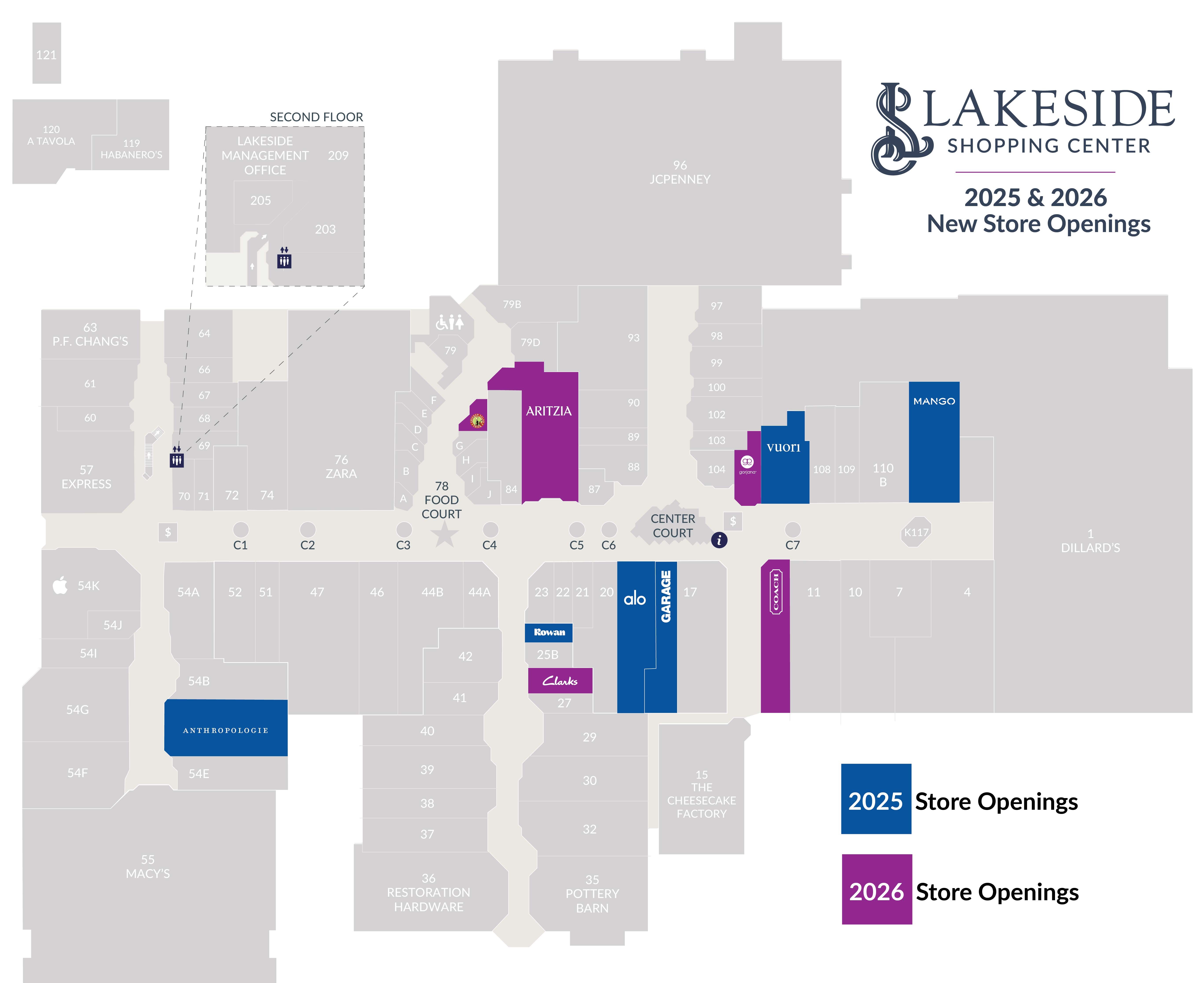 Lakeside Shopping Center floor plan; blue = 2025 openings, purple = 2026 openings. Highlights include JC Penney, Dillard's, Mango, Aritzia, Anthropologie, and the Food Court.