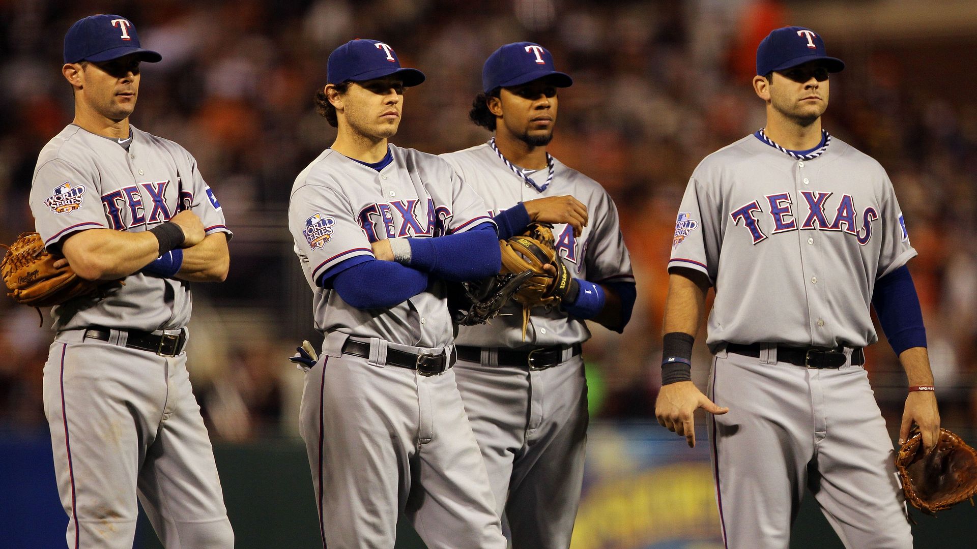 Texas Rangers players Michael Young, Ian Kinsler, Elvis Andrus and Mitch Moreland in the 2010 World Series 