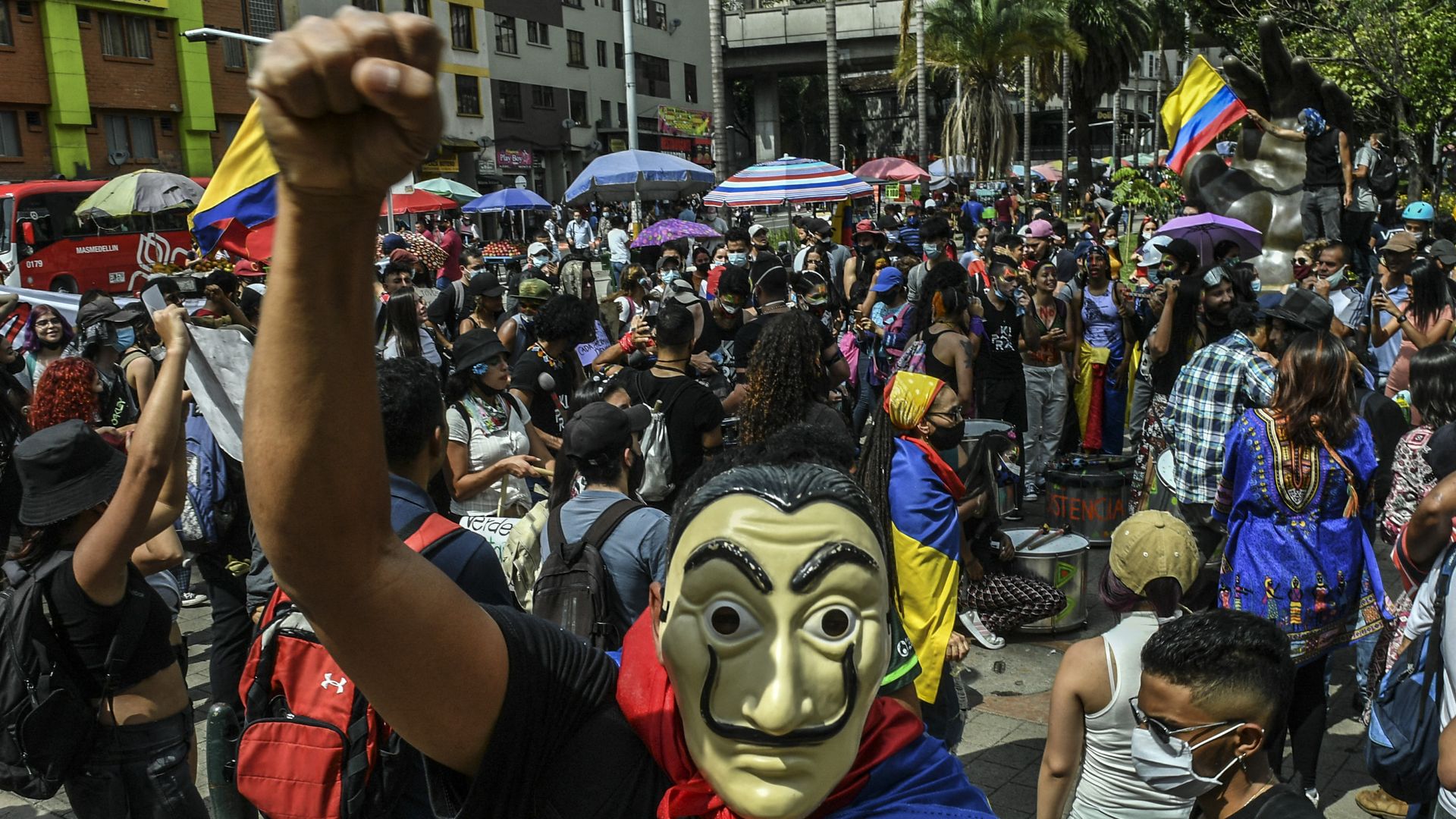  Demonstrators take part in a protest against the government of the Colombian President Ivan Duque in Medellin, Colombia, on June 5