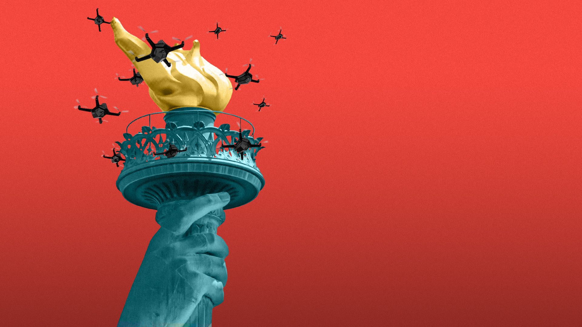 Illustration of a swarm of drones surrounding the State of Liberty's torch.