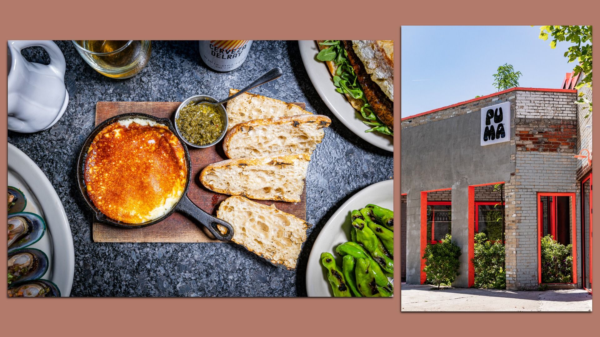 Toasted bread with toasted cheese and sauce on the left. on the right is puma's exterior, gray brick with red accents