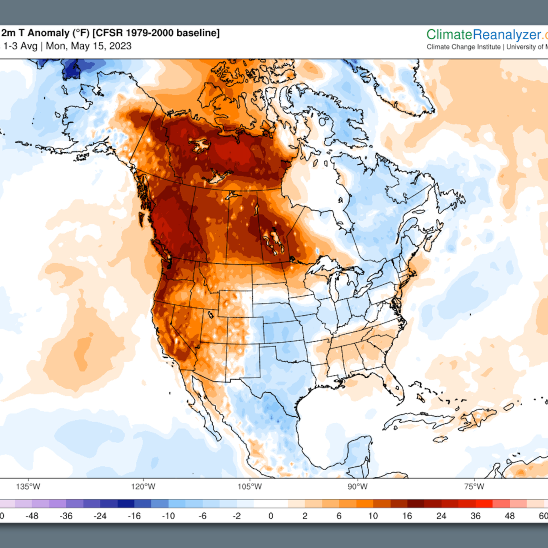 Map of forecast temperature anomalies from Monday through Wednesday May 17 in degrees Fahrenheit. 
