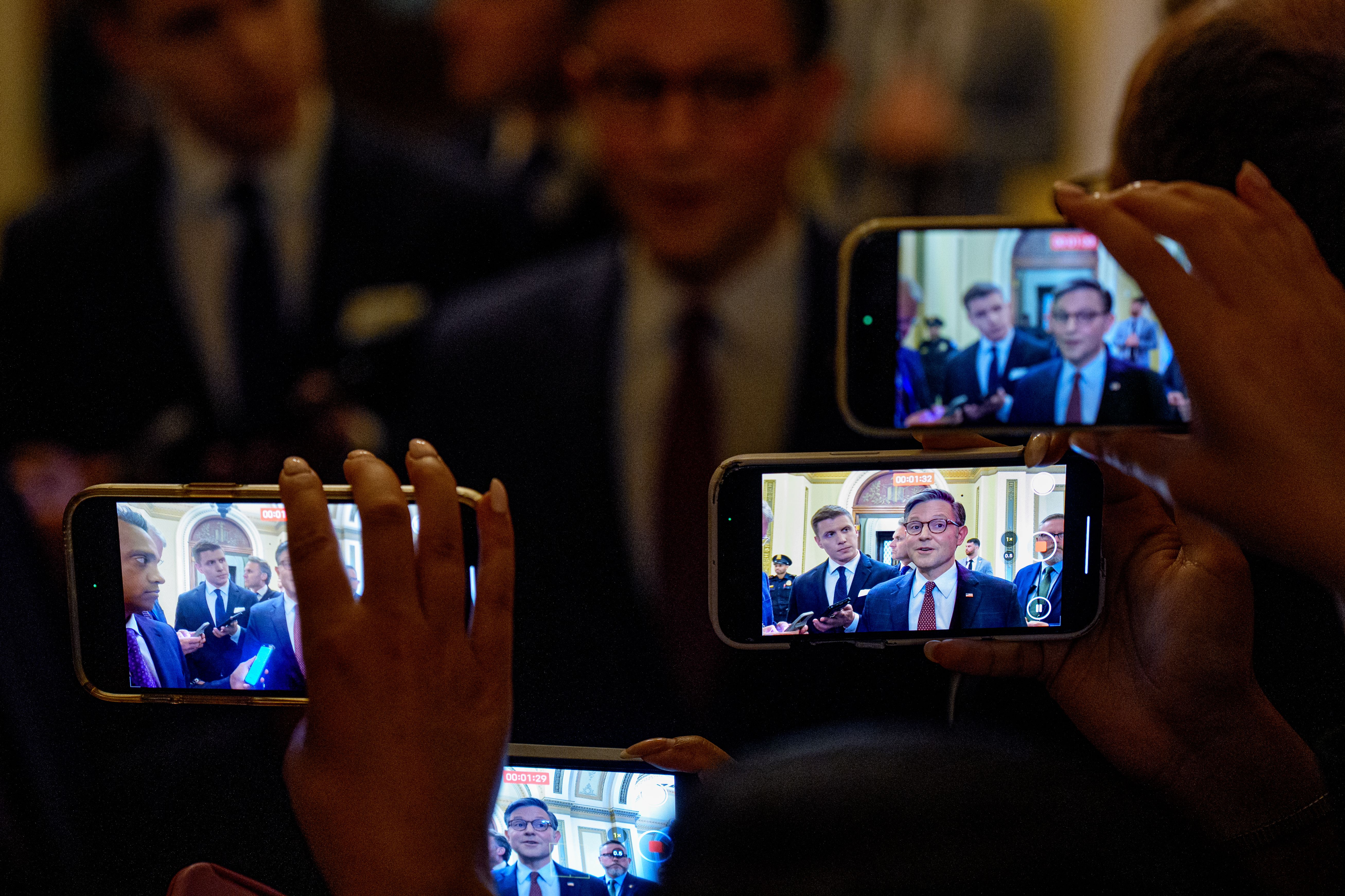 Speaker Johnson speaks to reporters at the Capitol yesterday.