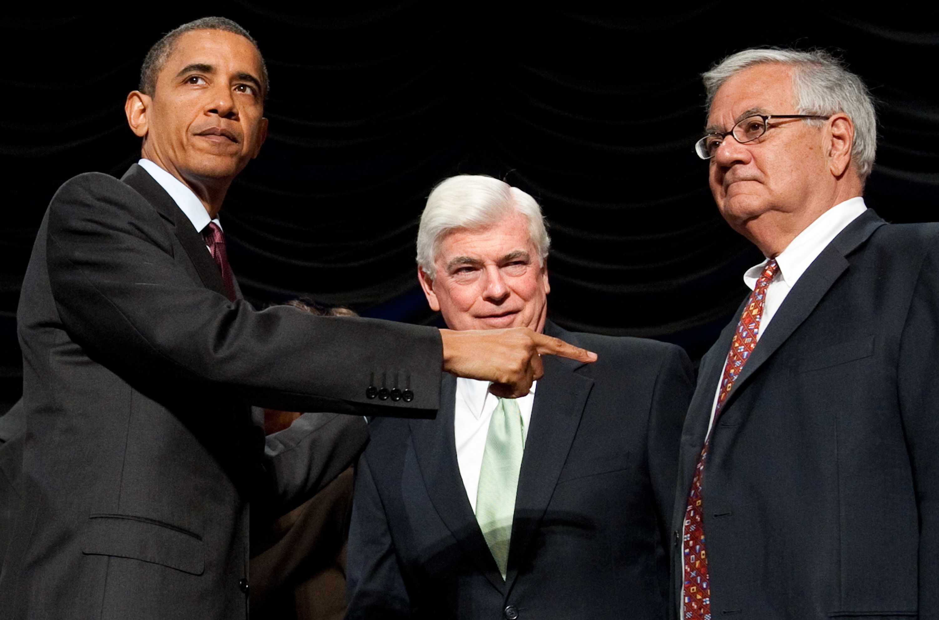 Then-President Obama gestures to then-Rep. Barney Frank (D-Mass.) after signing the Dodd-Frank Wall Street Reform and Consumer Protection Act in 2010. Photo: Saul Loeb/AFP via Getty Images