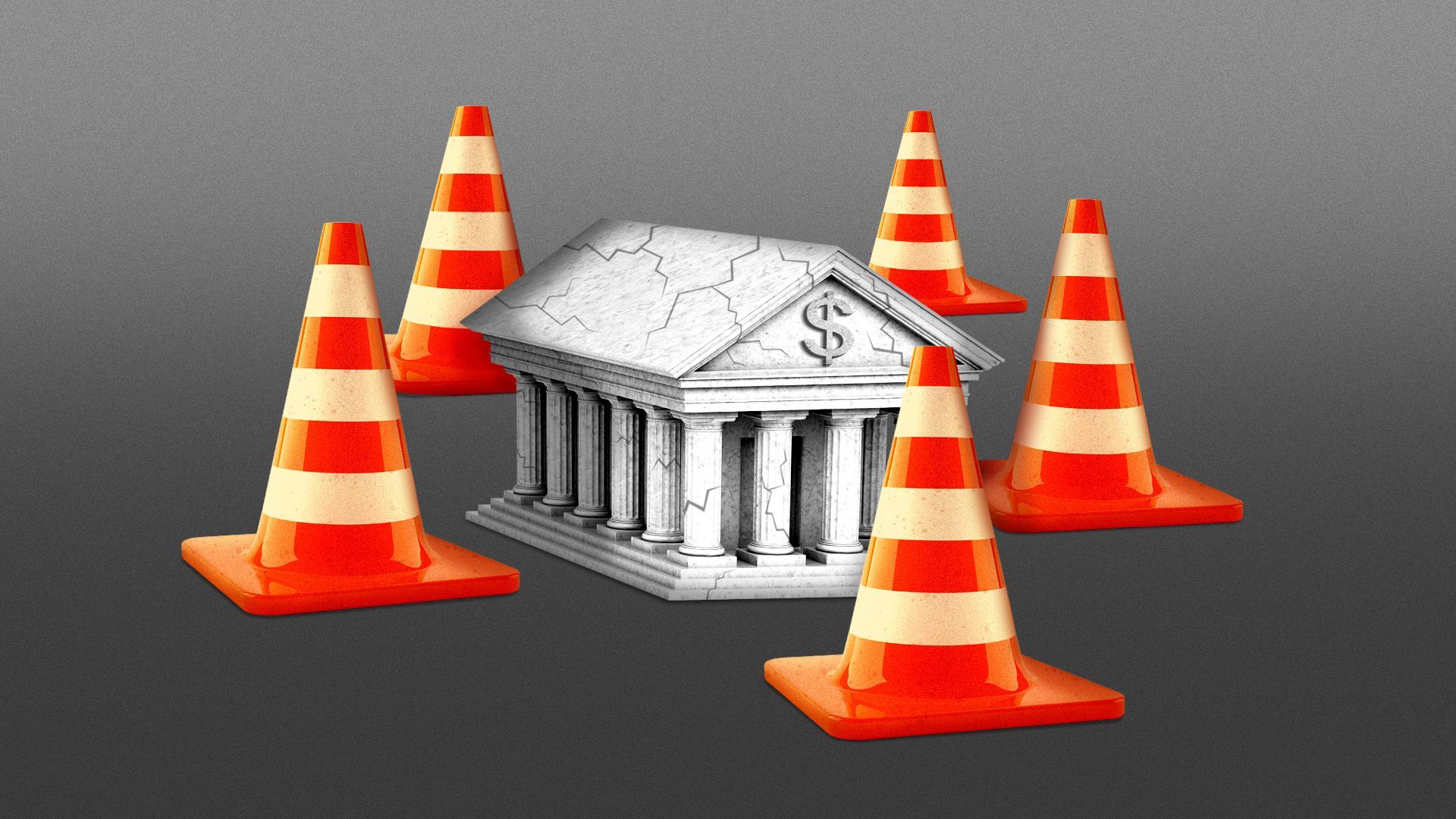 Illustration of a small cracked bank surrounded by traffic cones