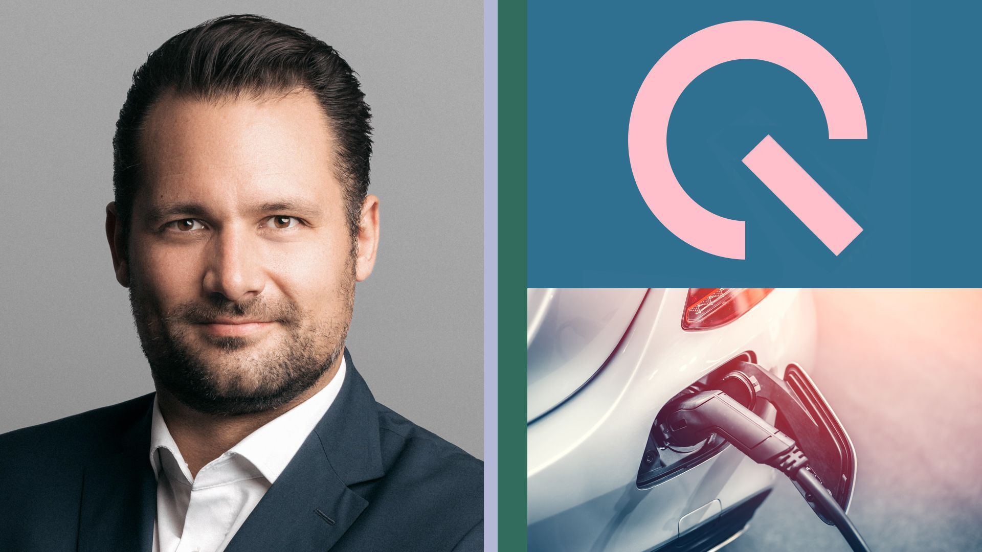 Photo illustration of EQT Partner Jans Vesely next to the EQT logo and an image of a charging electric vehicle 