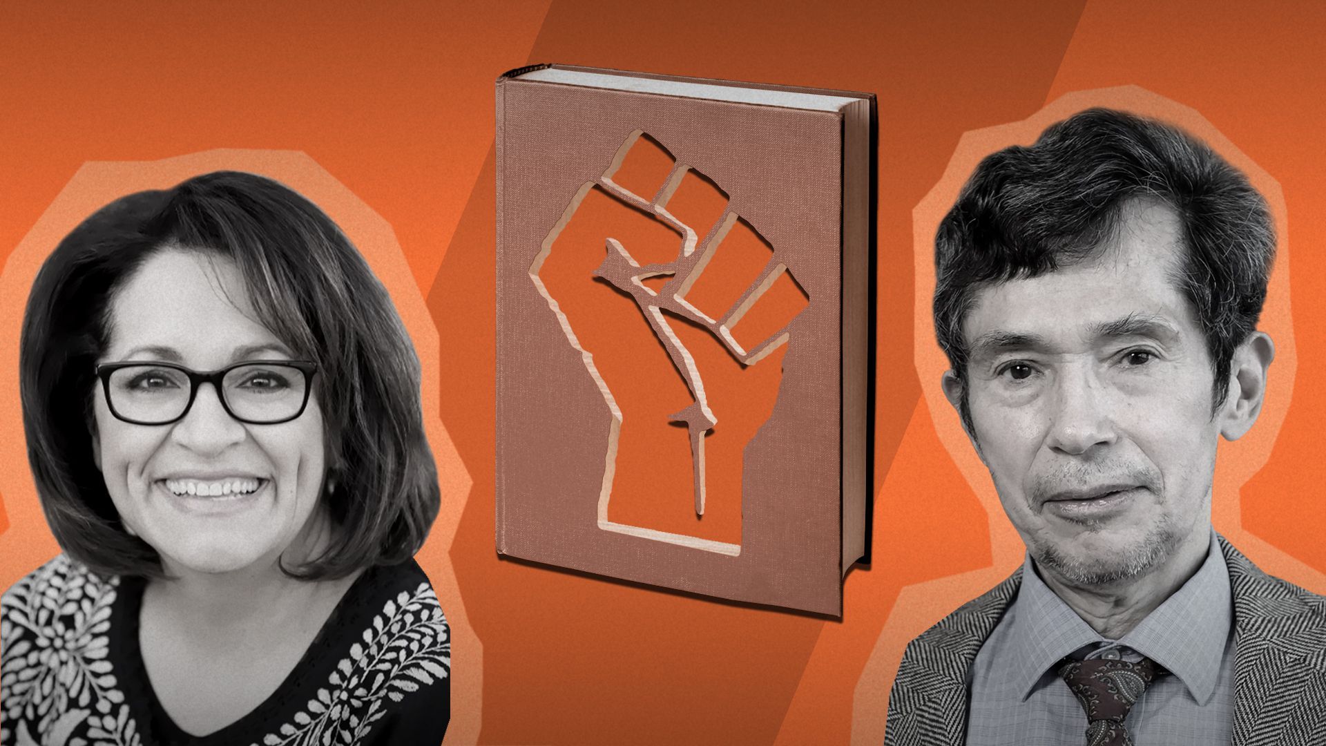 Photo illustration of a collage of Margaret Montoya, Richard Delgado and a book with a cutout of a power fist.