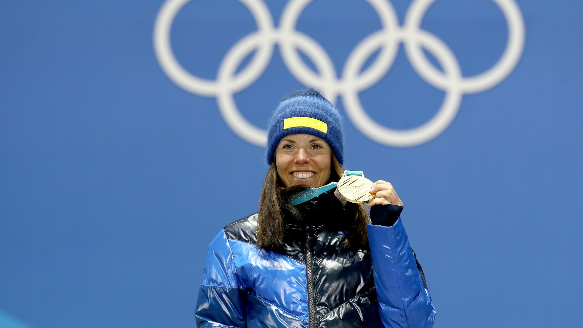 Gold medalist Charlotte Kalla of Sweden celebrates during the Medal Ceremony.