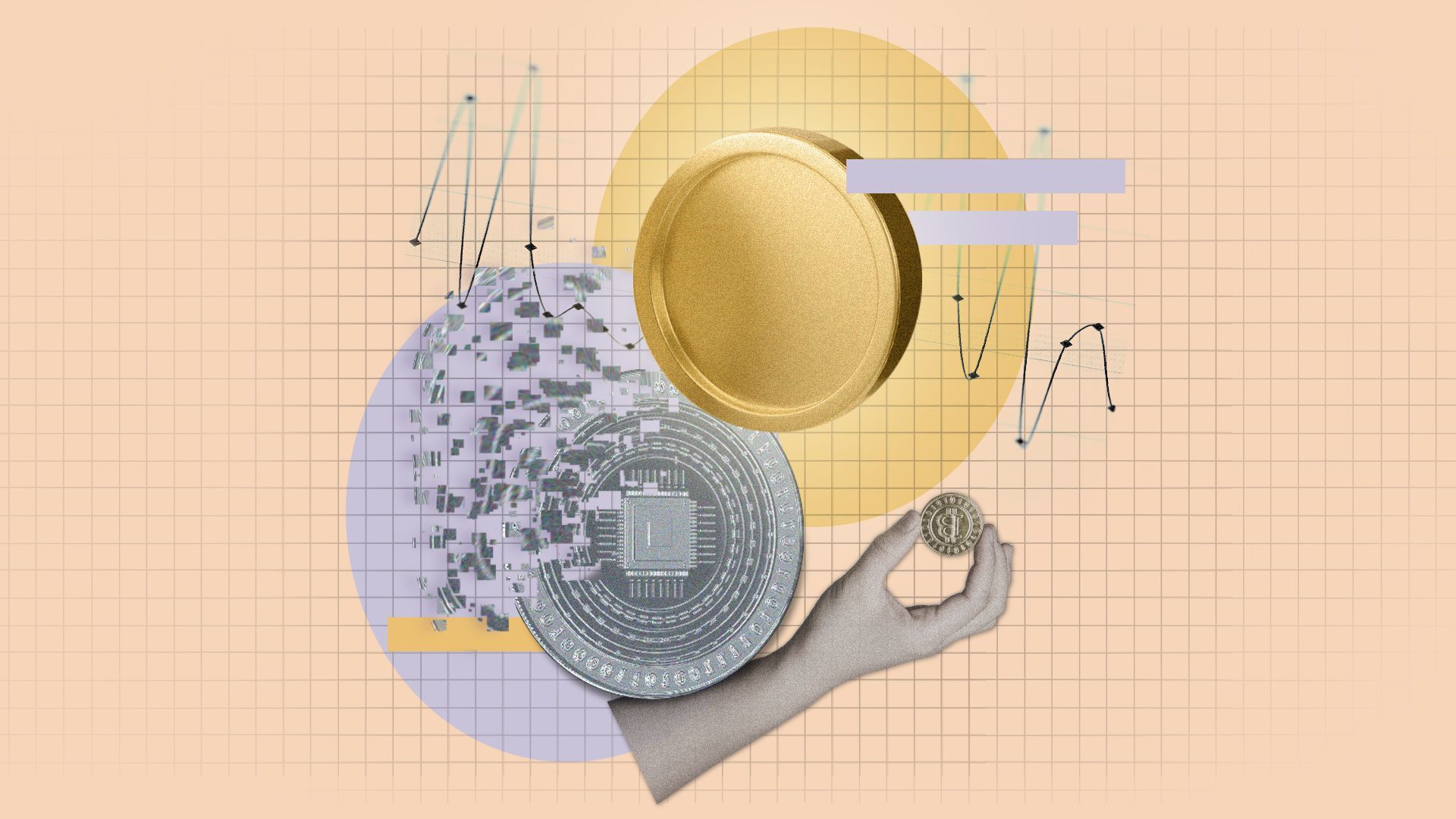 Illustration of two coins with one becoming pixelated, a hand holding a coin, assorted shapes, a graph, and a grid.