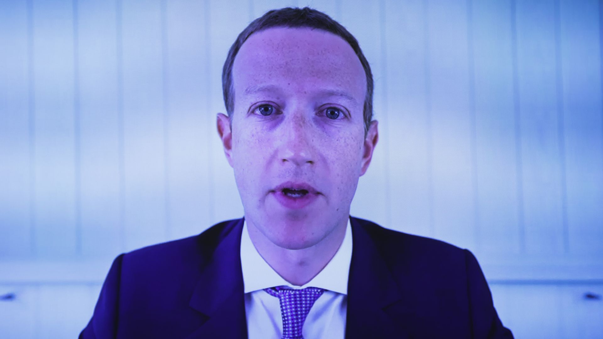 Photo of Mark Zuckerberg appearing on a video screen during testimony before Congress