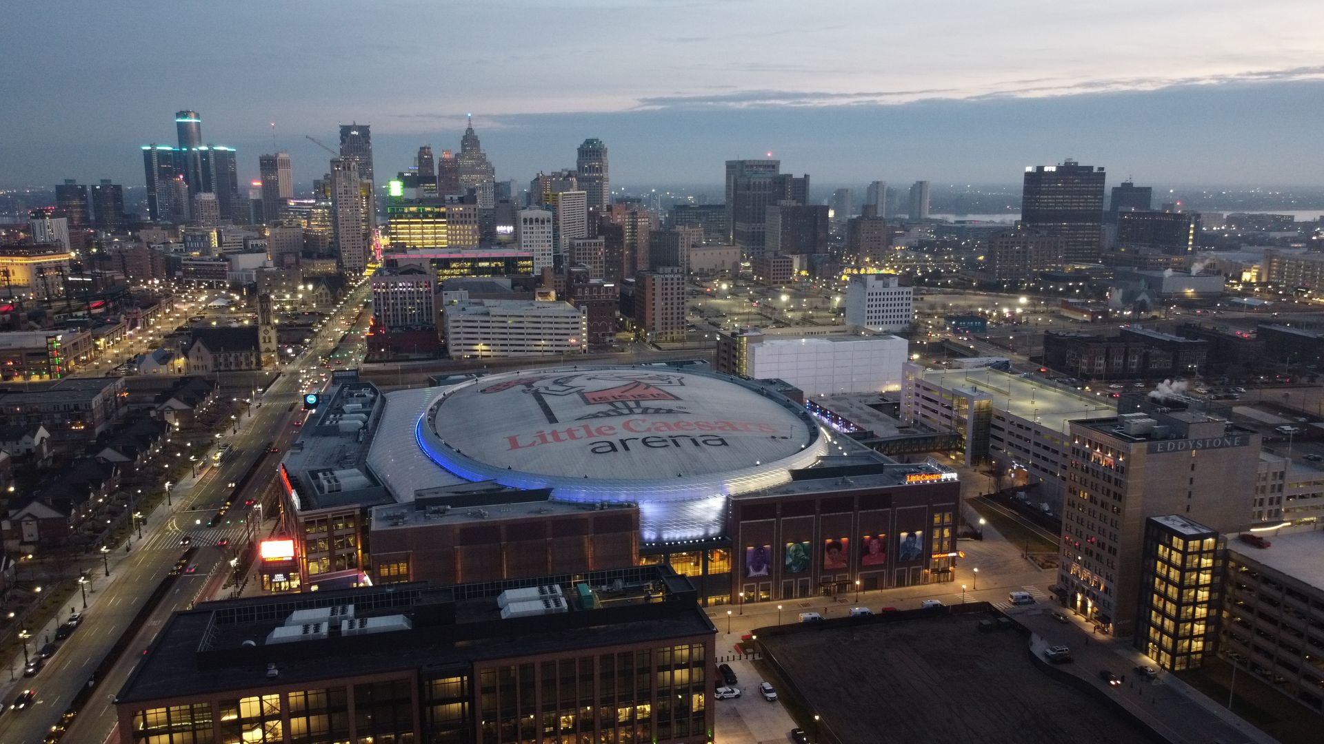 Little Caesars Arena pictured to the right of Woodward Avenue. Photo: Samuel Robinson/Axios