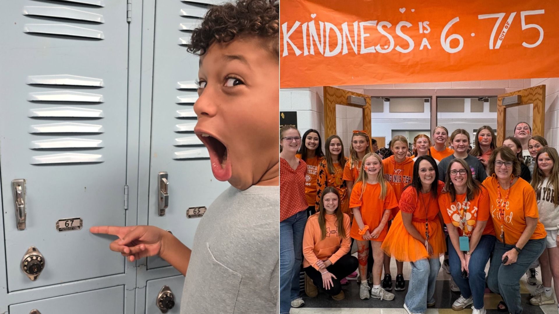 Left, boy excitedly points at locker number 67. Right, group of children and adults wearing orange under a banner saying "Kindness is a 6.7 out of 5" in school hallway.