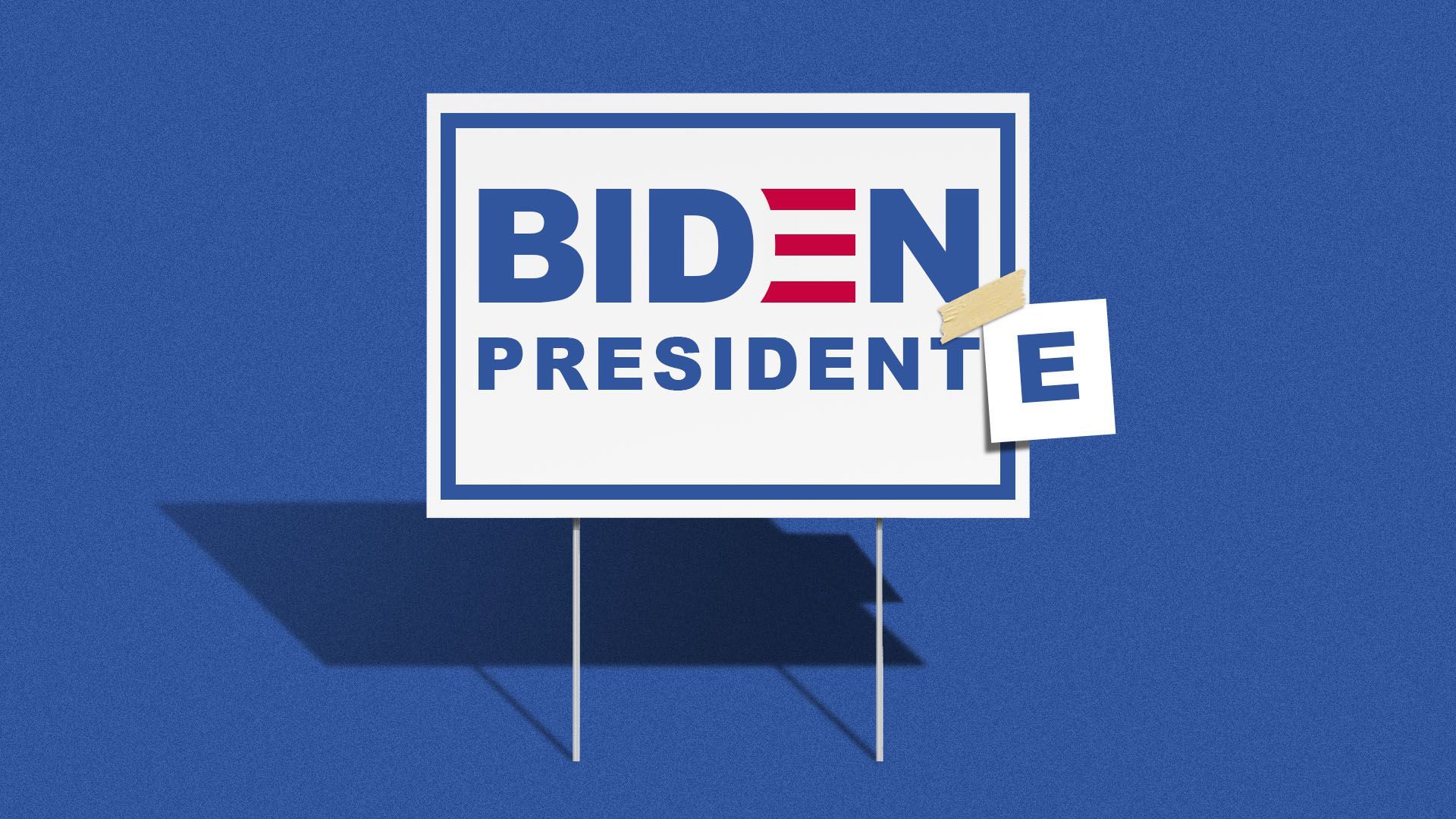 Illustration of a Biden for President lawn sign with an e taped on to the word president